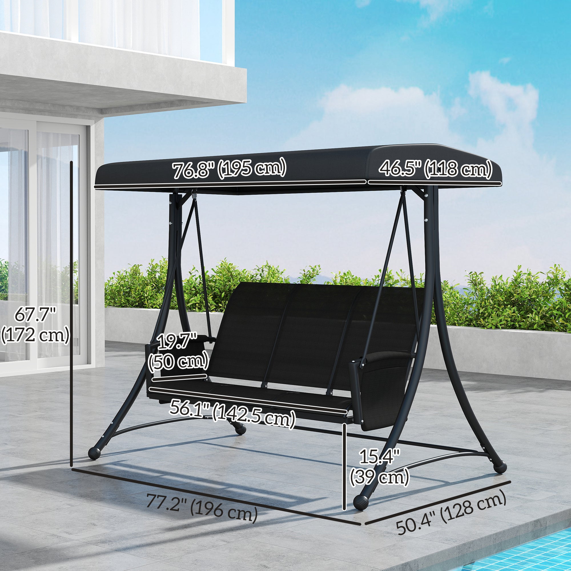3 Person Outdoor Swing Chair - Black Adjustable Canopy-DECOROLALA