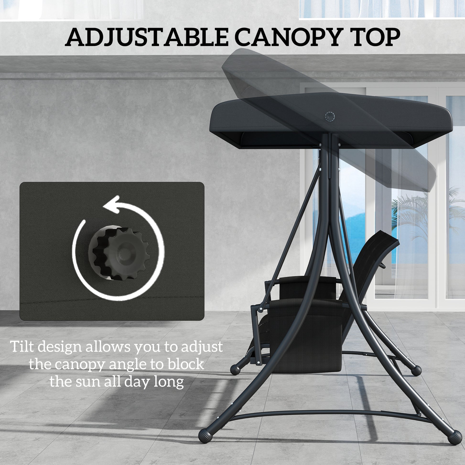 3 Person Outdoor Swing Chair - Black Adjustable Canopy-DECOROLALA