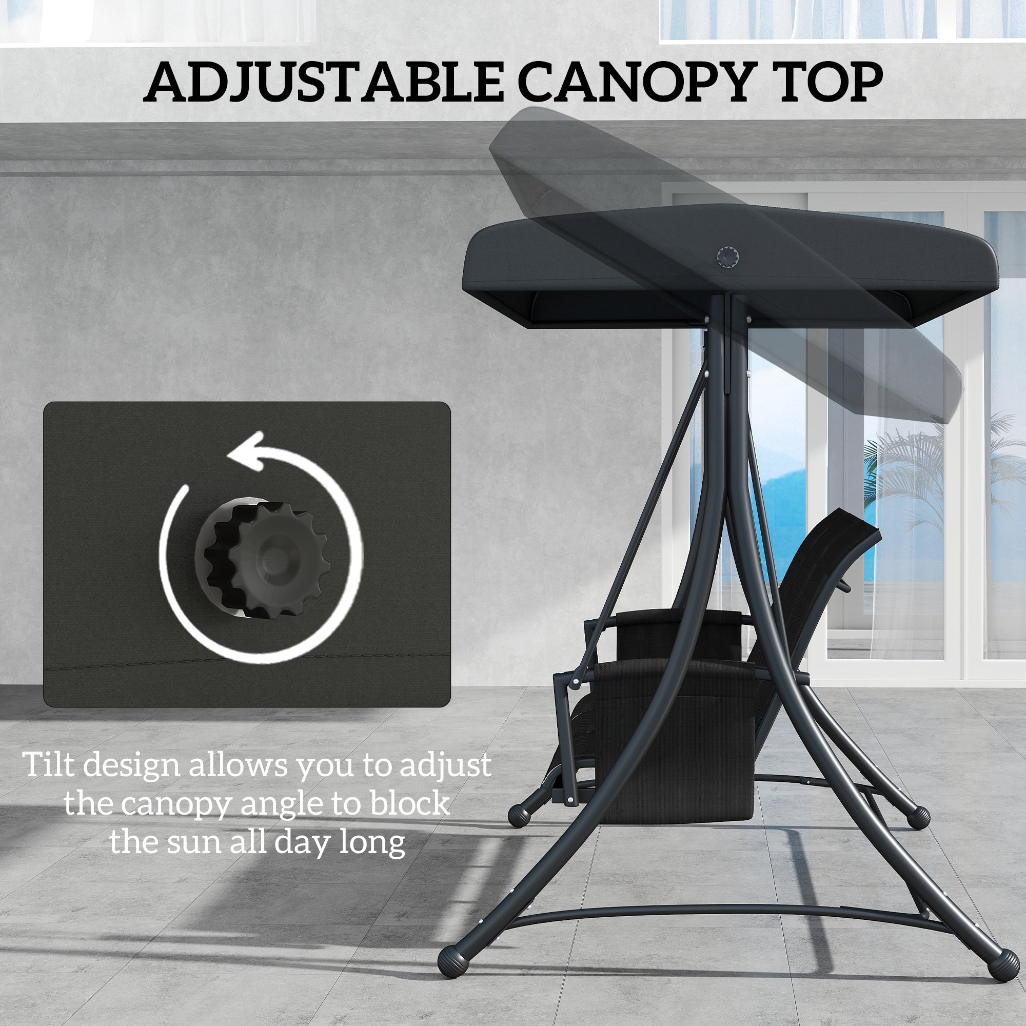 3 Person Outdoor Swing Chair - Black Adjustable Canopy-DECOROLALA