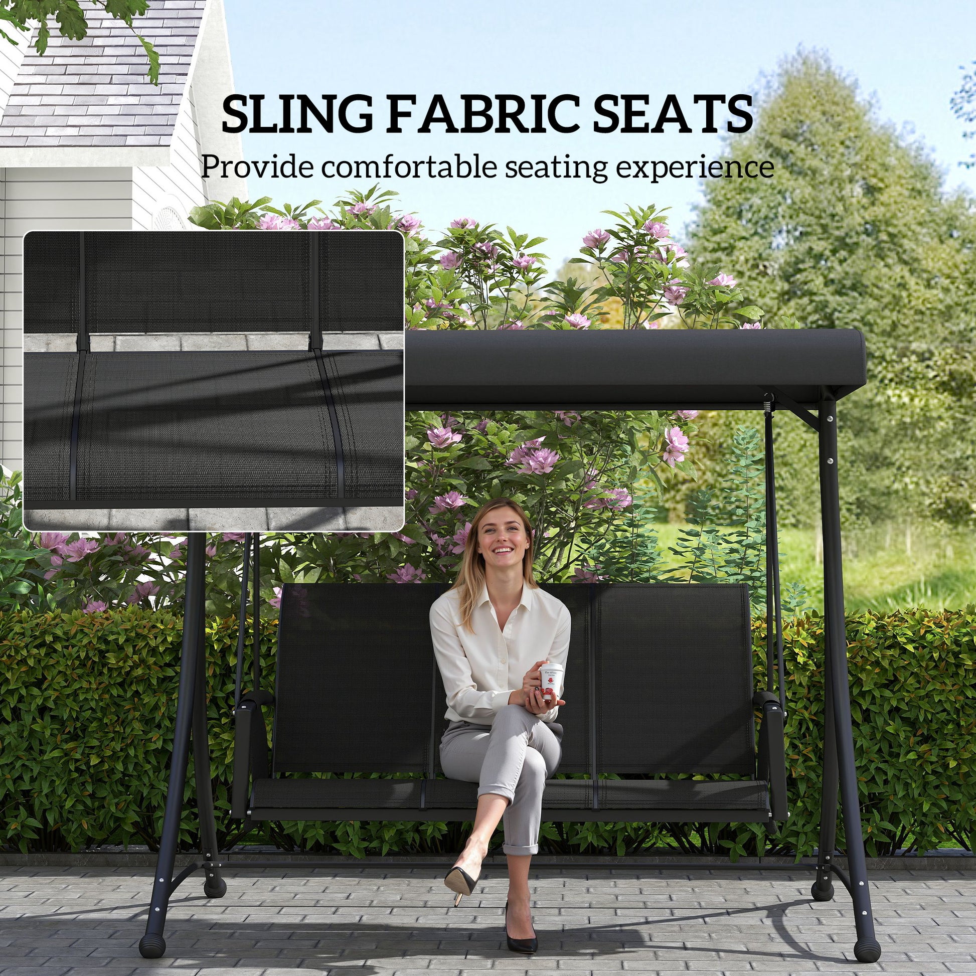 3 Person Outdoor Swing Chair - Black Adjustable Canopy-DECOROLALA