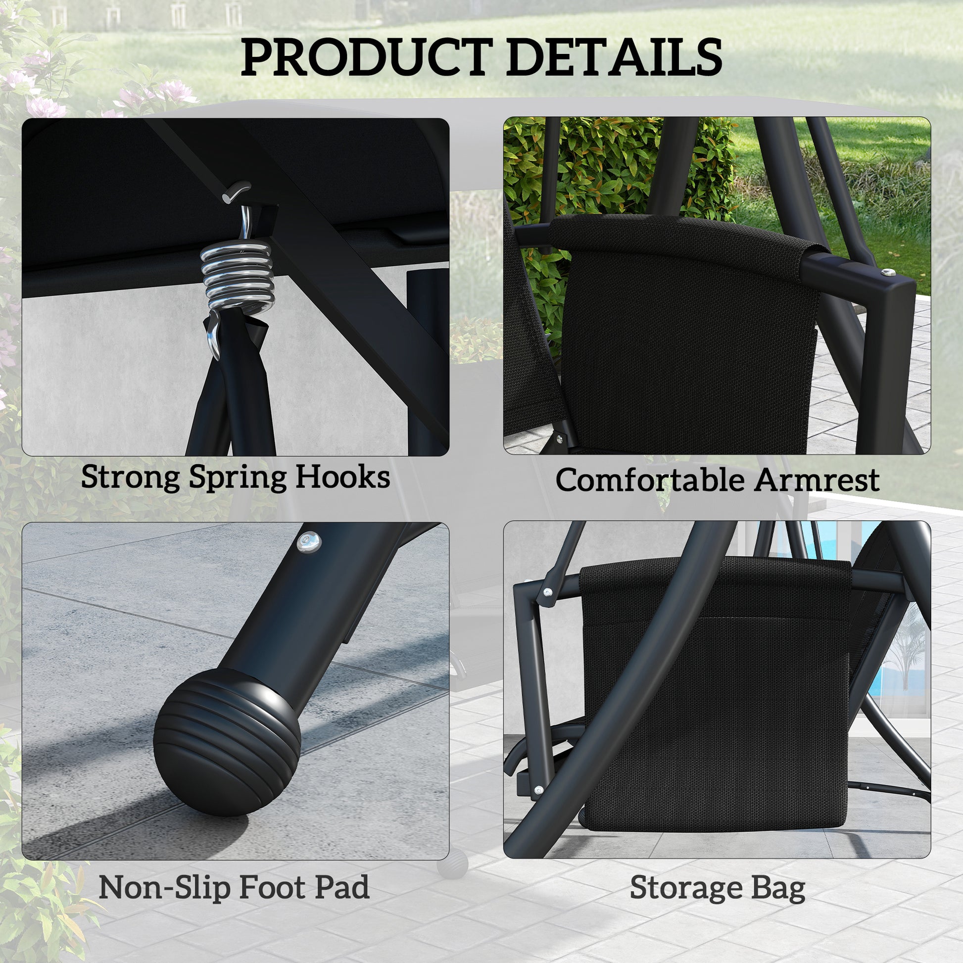 3 Person Outdoor Swing Chair - Black Adjustable Canopy-DECOROLALA