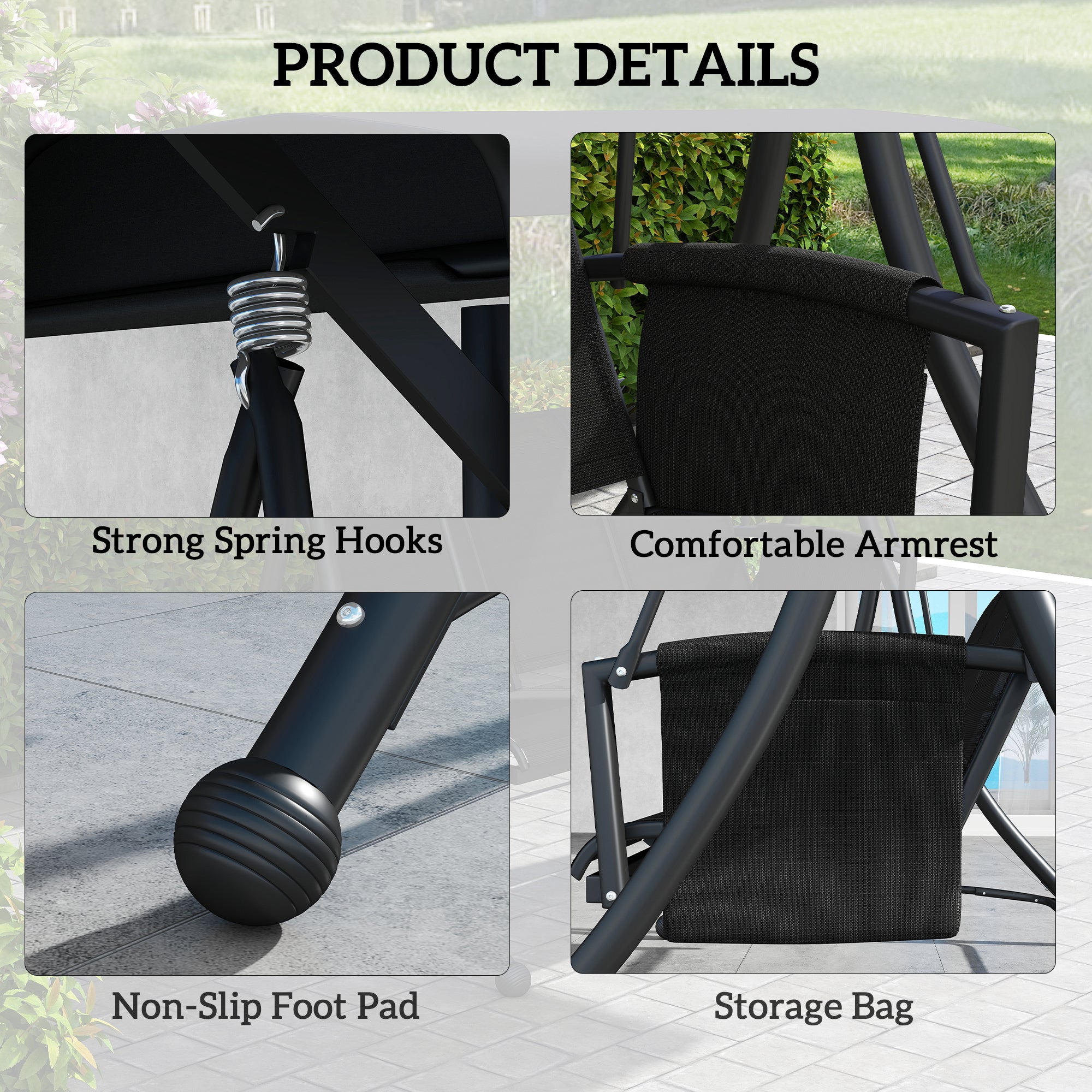 3 Person Outdoor Swing Chair - Black Adjustable Canopy-DECOROLALA