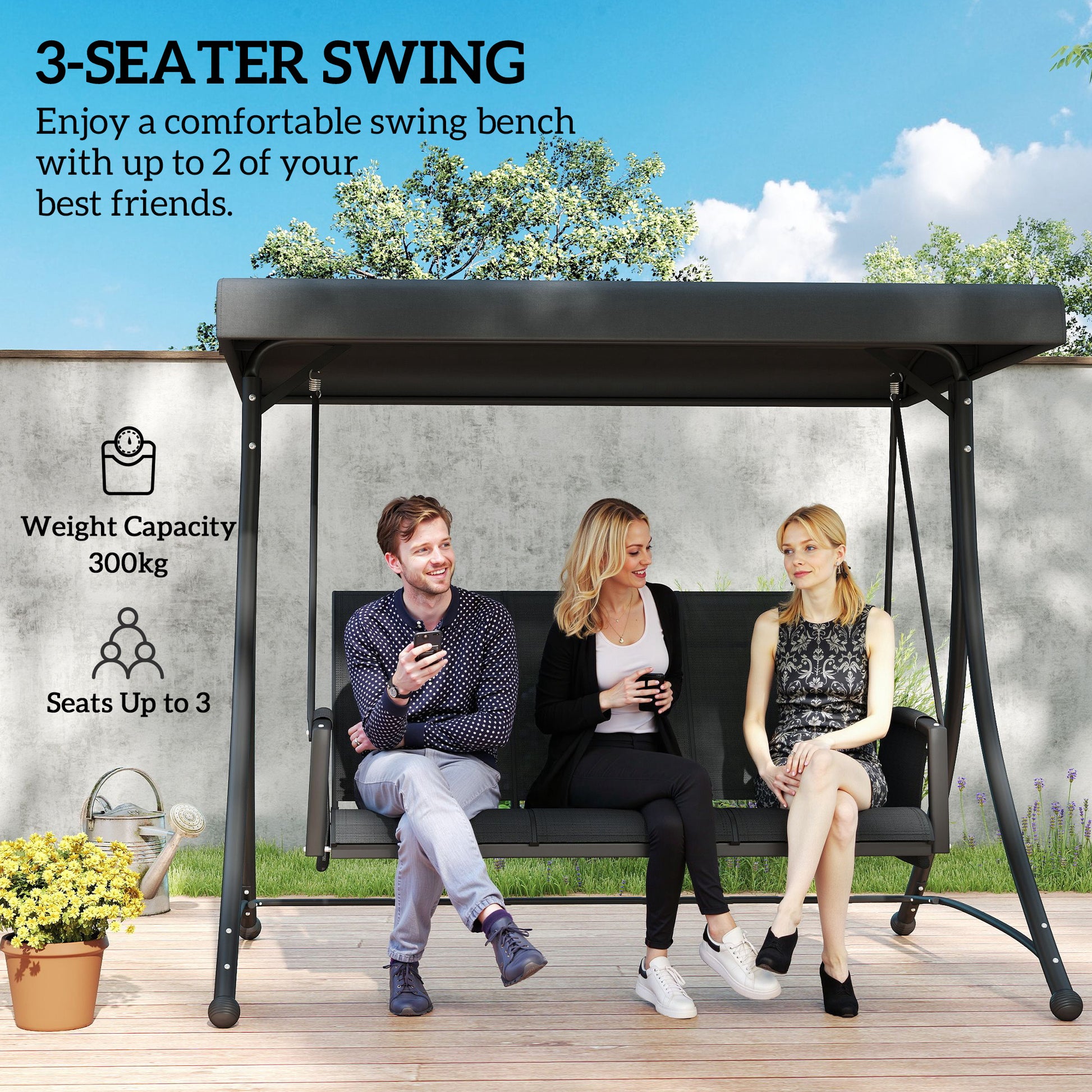 3 Person Outdoor Swing Chair - Black Adjustable Canopy-DECOROLALA