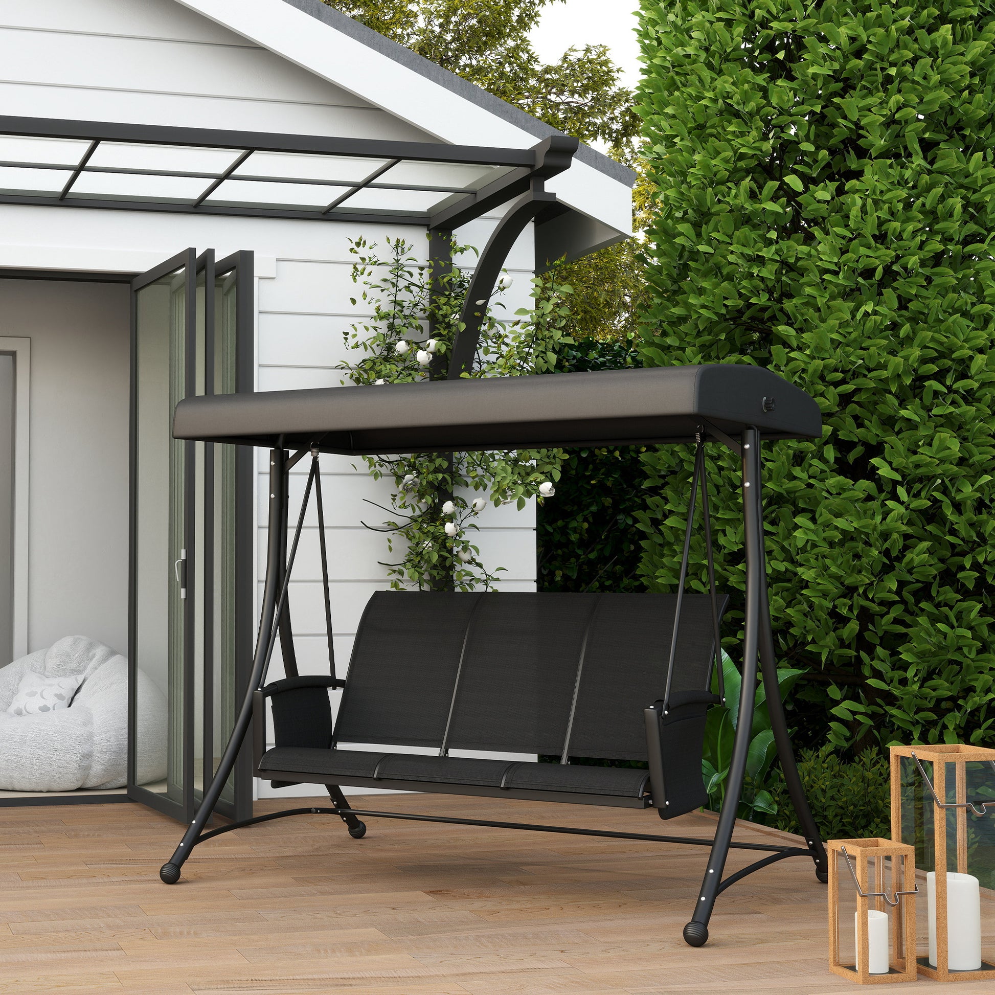 3 Person Outdoor Swing Chair - Black Adjustable Canopy-DECOROLALA