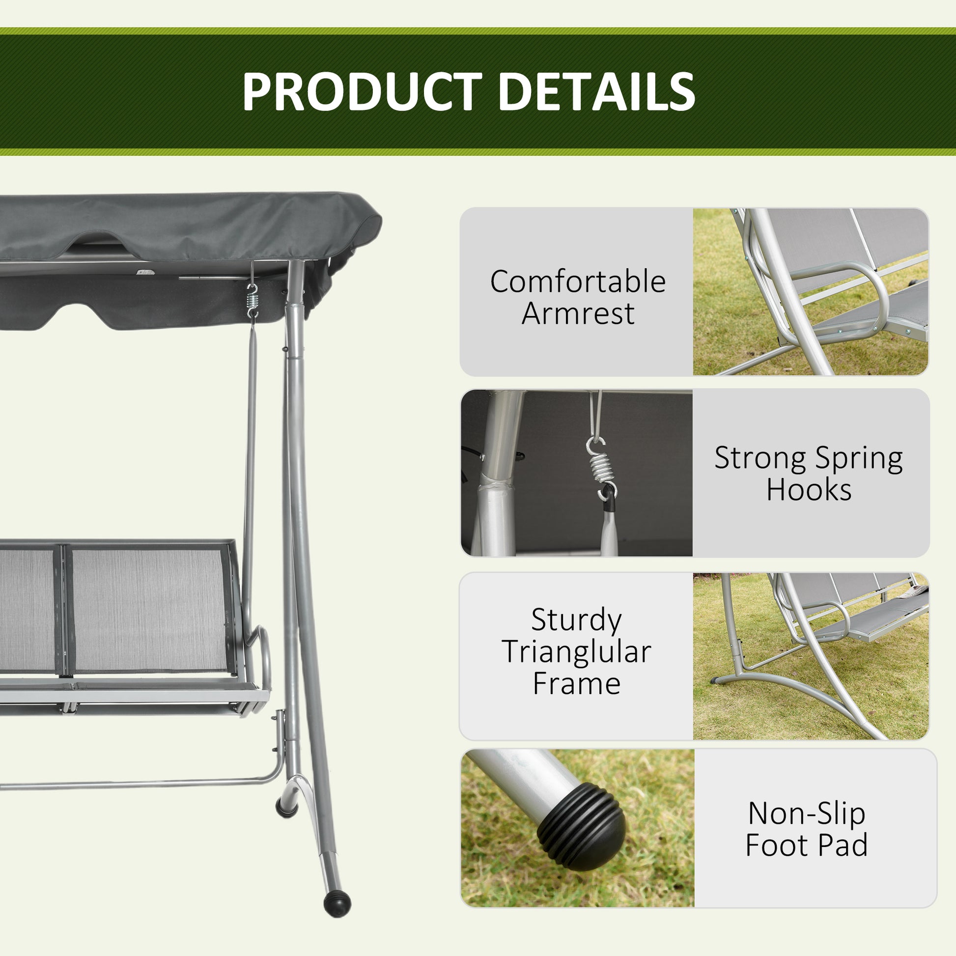3 Person Patio Swing Canopy Dark Grey 616lbs-DECOROLALA