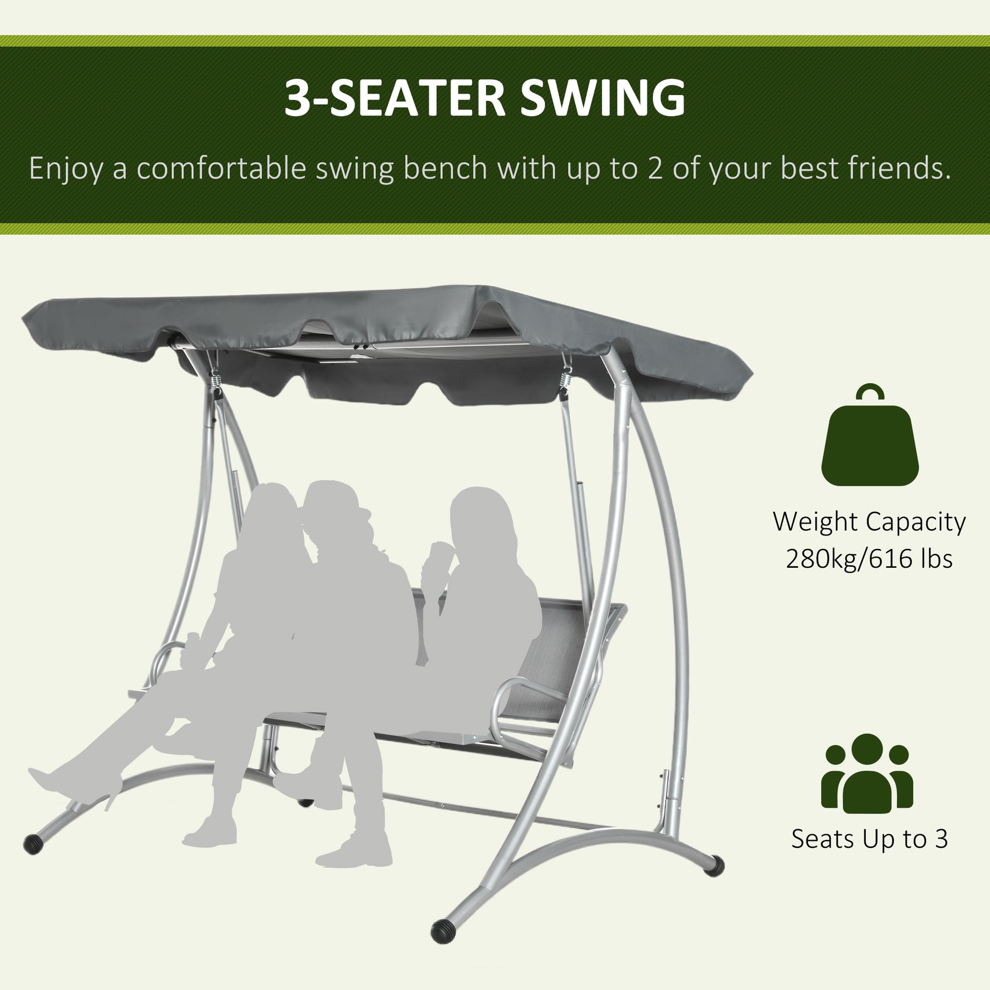 3 Person Patio Swing Canopy Dark Grey 616lbs-DECOROLALA