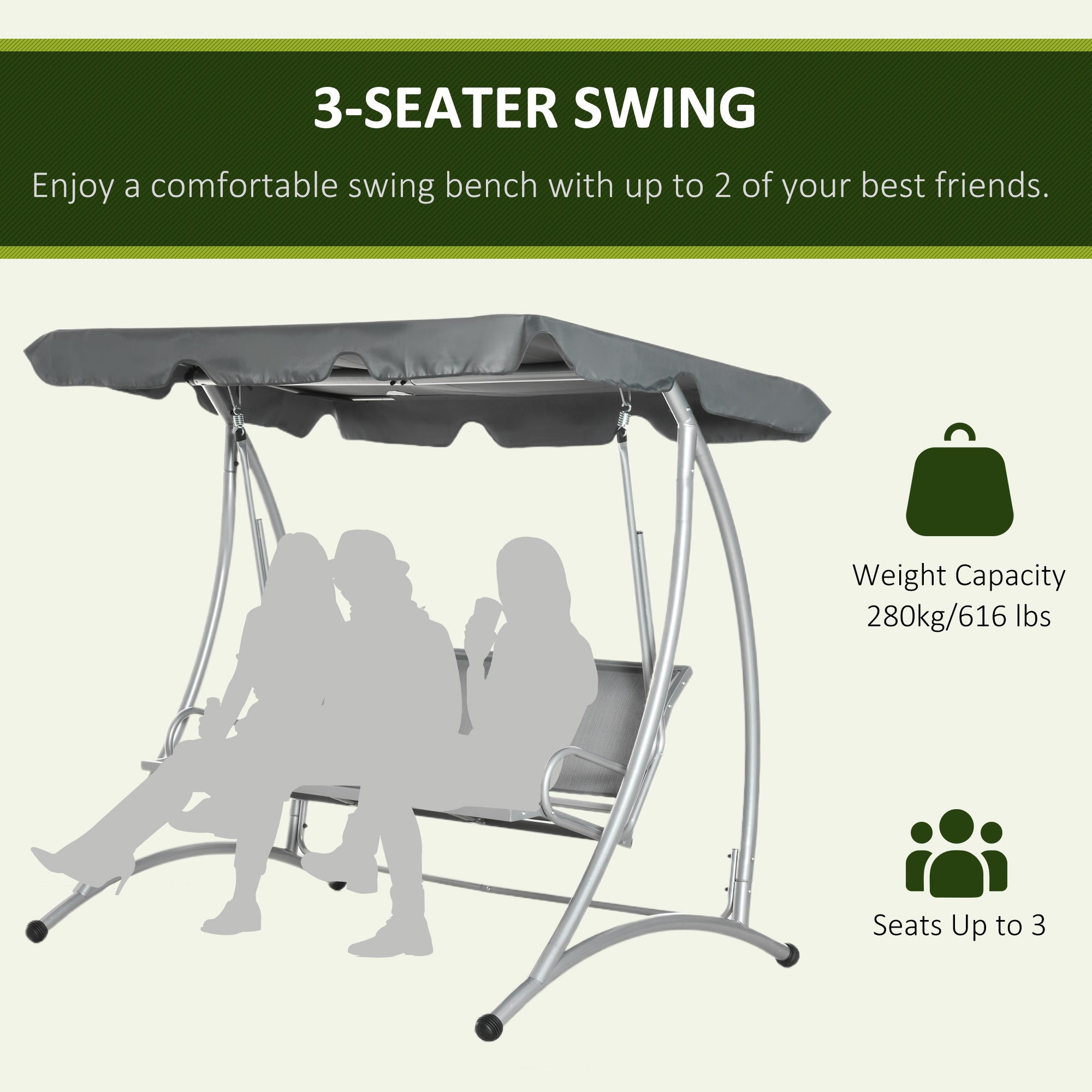 3 Person Patio Swing Canopy Dark Grey 616lbs-DECOROLALA