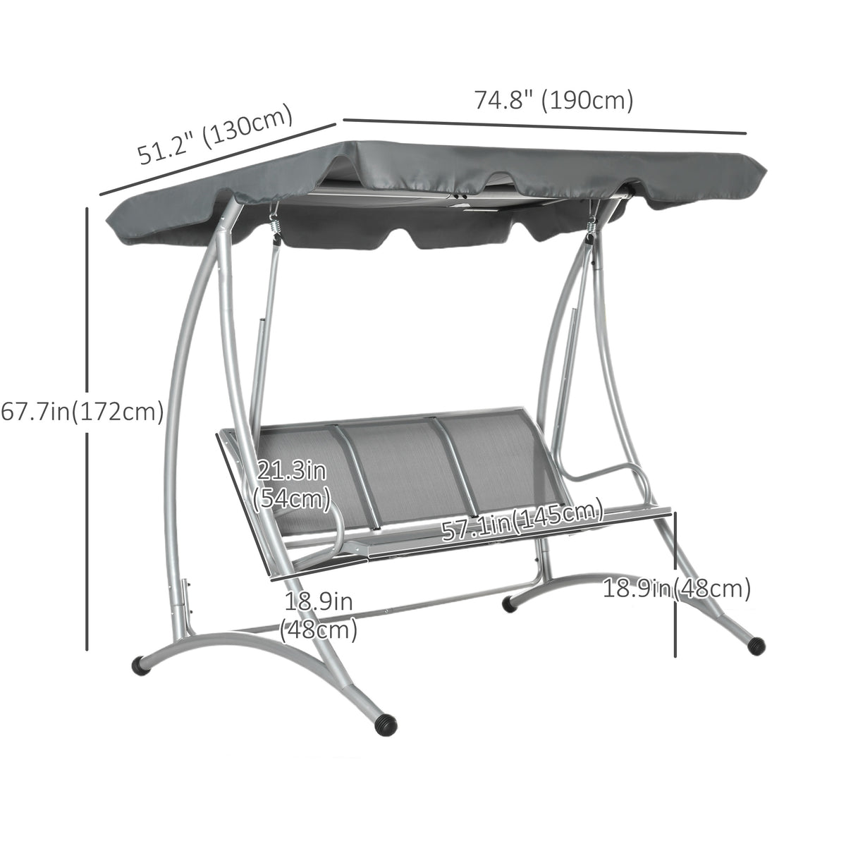 3 Person Patio Swing Canopy Dark Grey 616lbs-Canopy Porch Swings-DECOROLALA