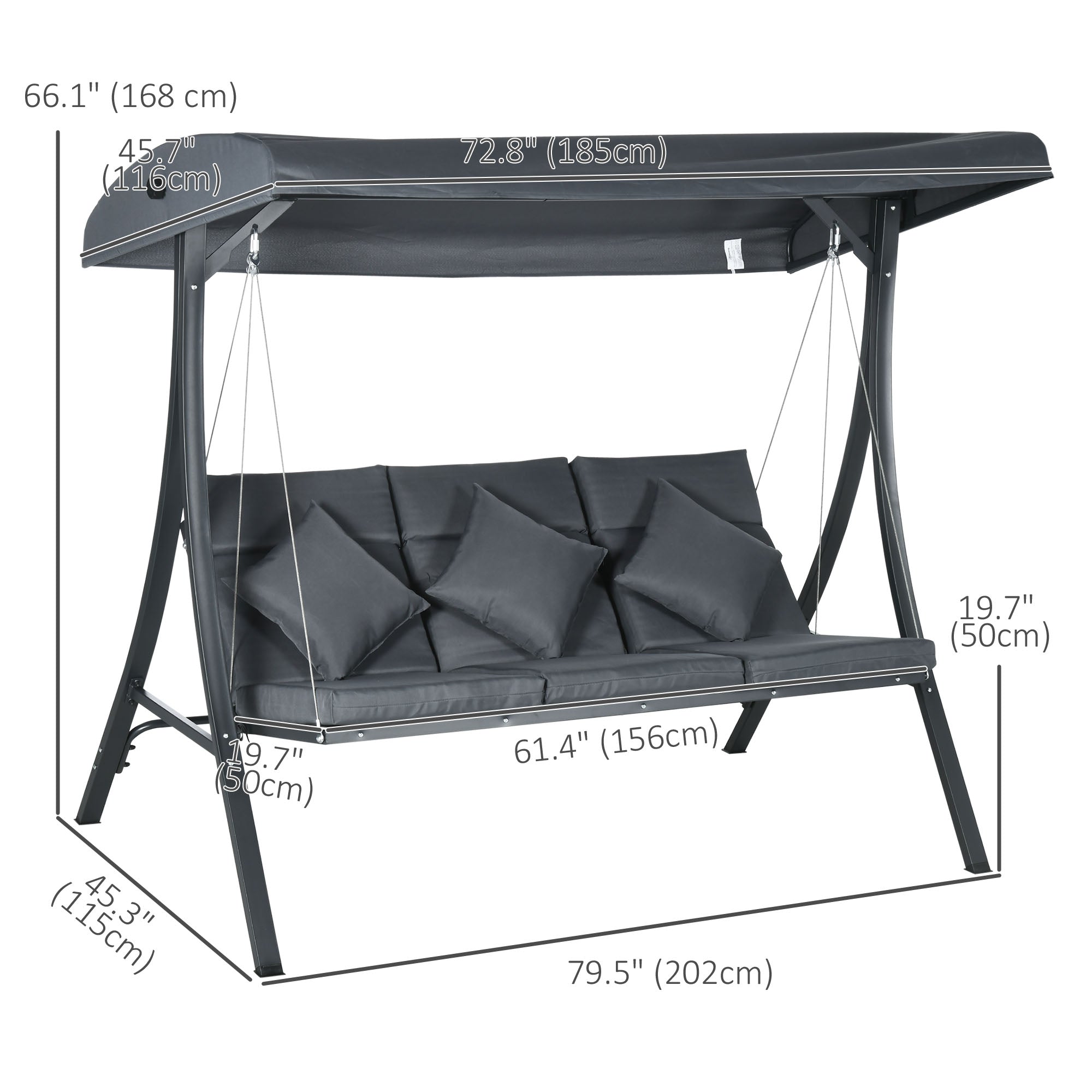 3-Person Patio Swing Chair - Dark Grey Canopy-DECOROLALA