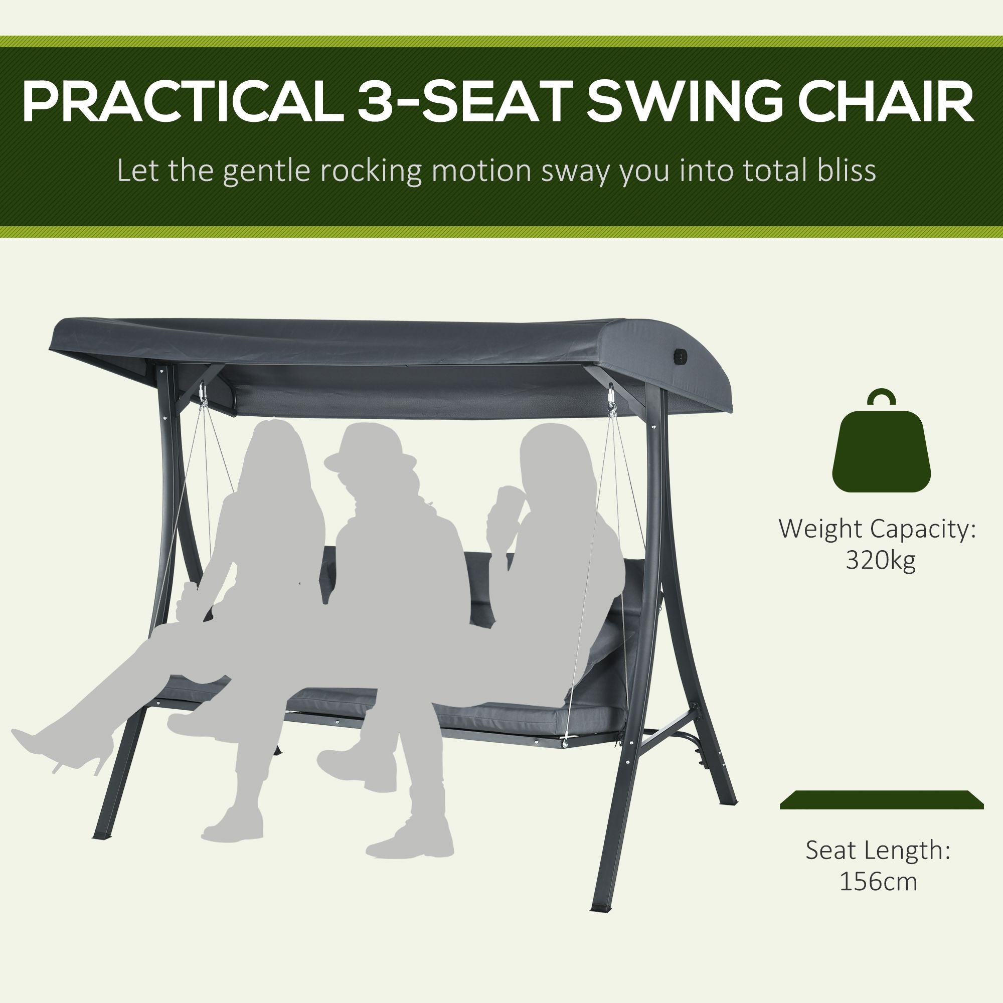 3-Person Patio Swing Chair - Dark Grey Canopy-DECOROLALA
