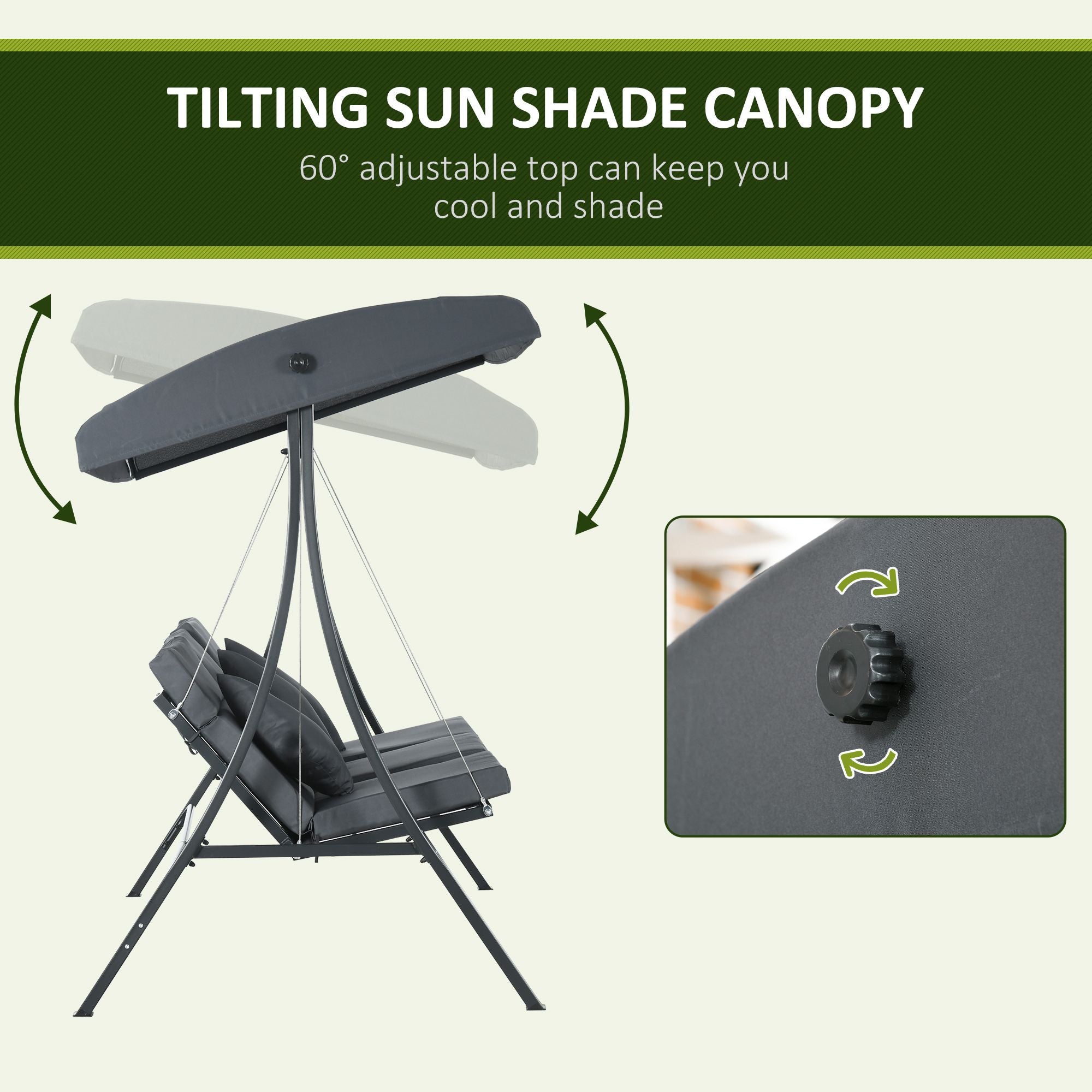 3-Person Patio Swing Chair - Dark Grey Canopy-DECOROLALA