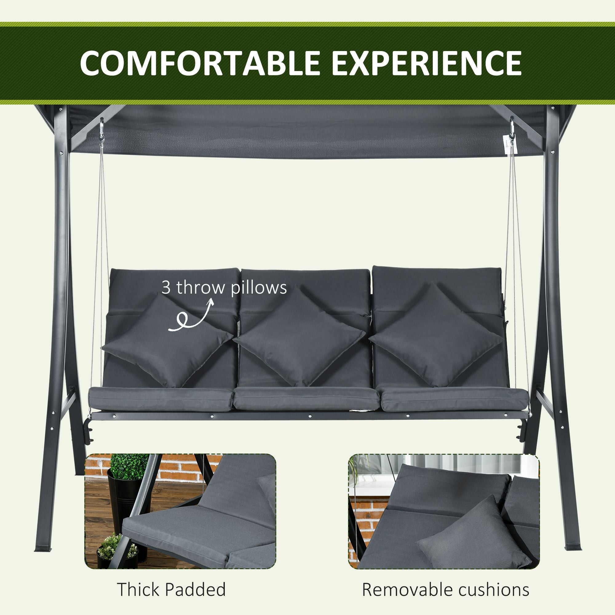 3-Person Patio Swing Chair - Dark Grey Canopy-DECOROLALA