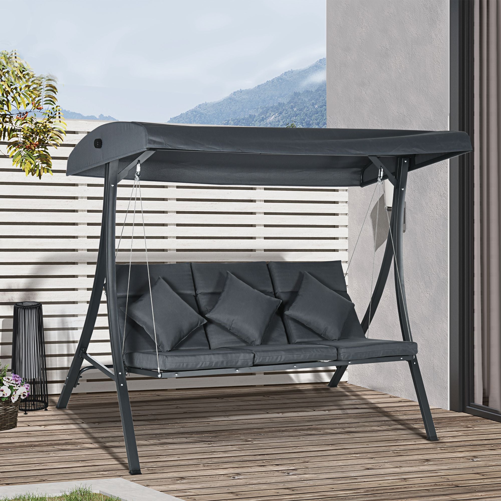 3-Person Patio Swing Chair - Dark Grey Canopy-DECOROLALA