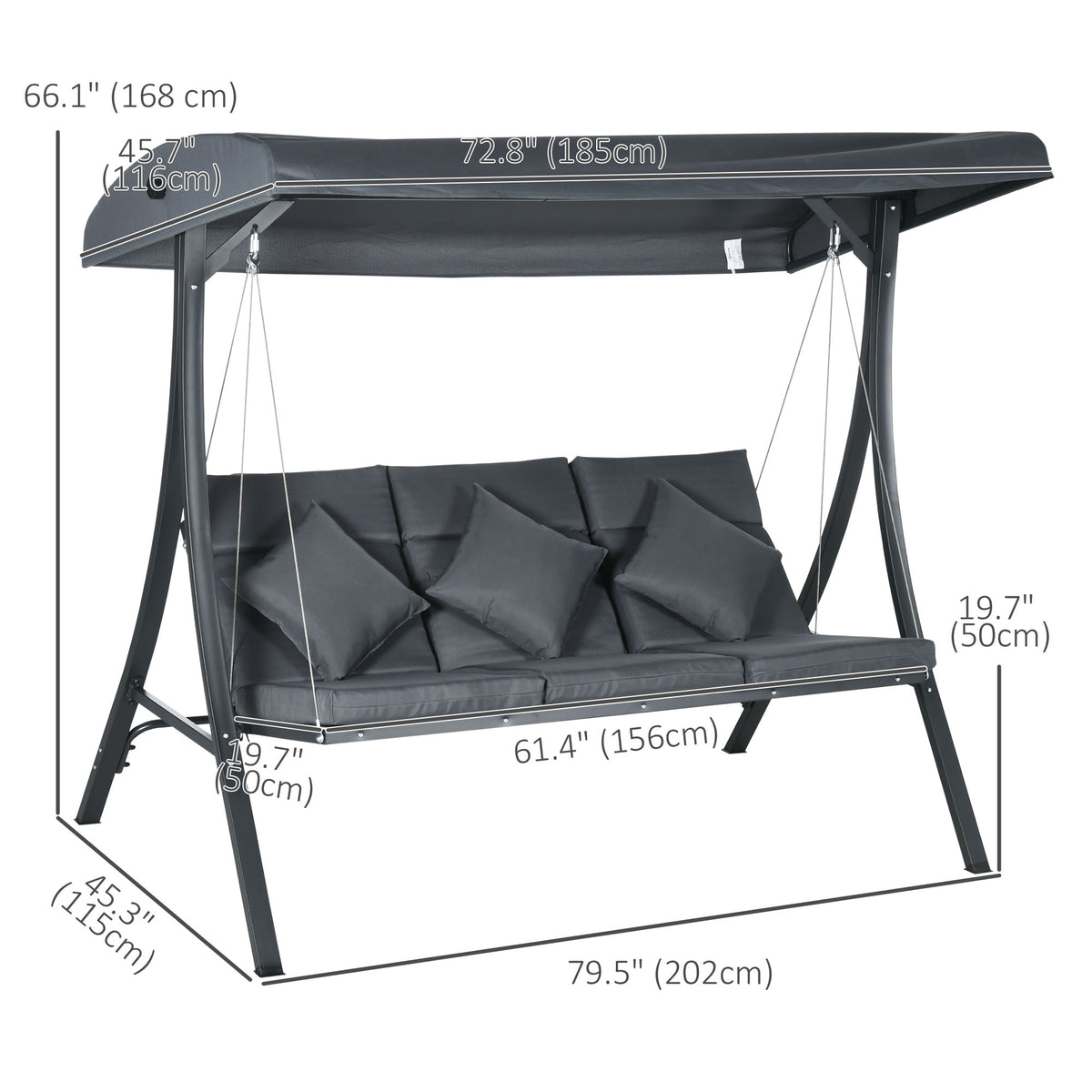 3-Person Patio Swing Chair - Dark Grey Canopy-Canopy Porch Swings-DECOROLALA