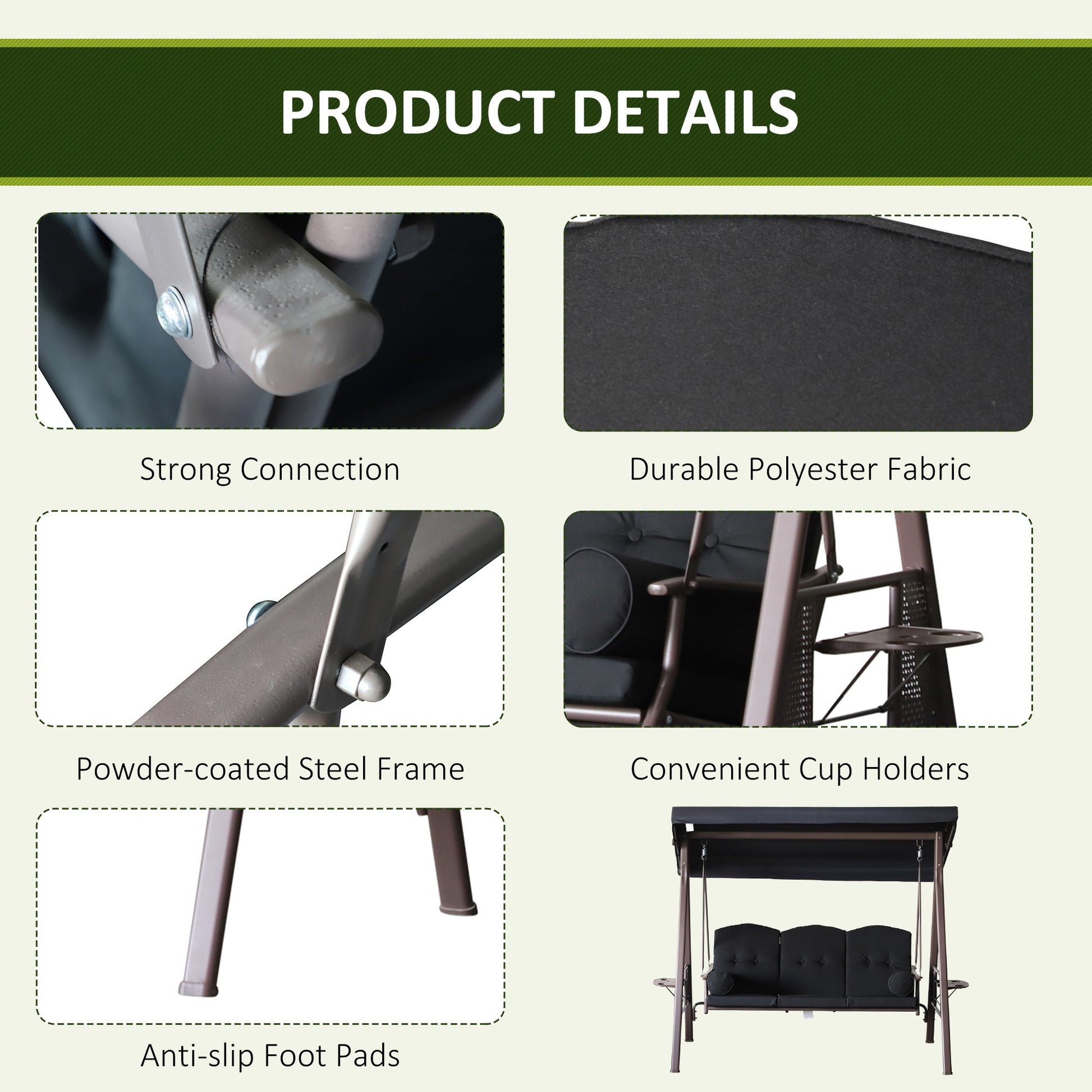 3-Person Patio Swing with Canopy - Black-DECOROLALA