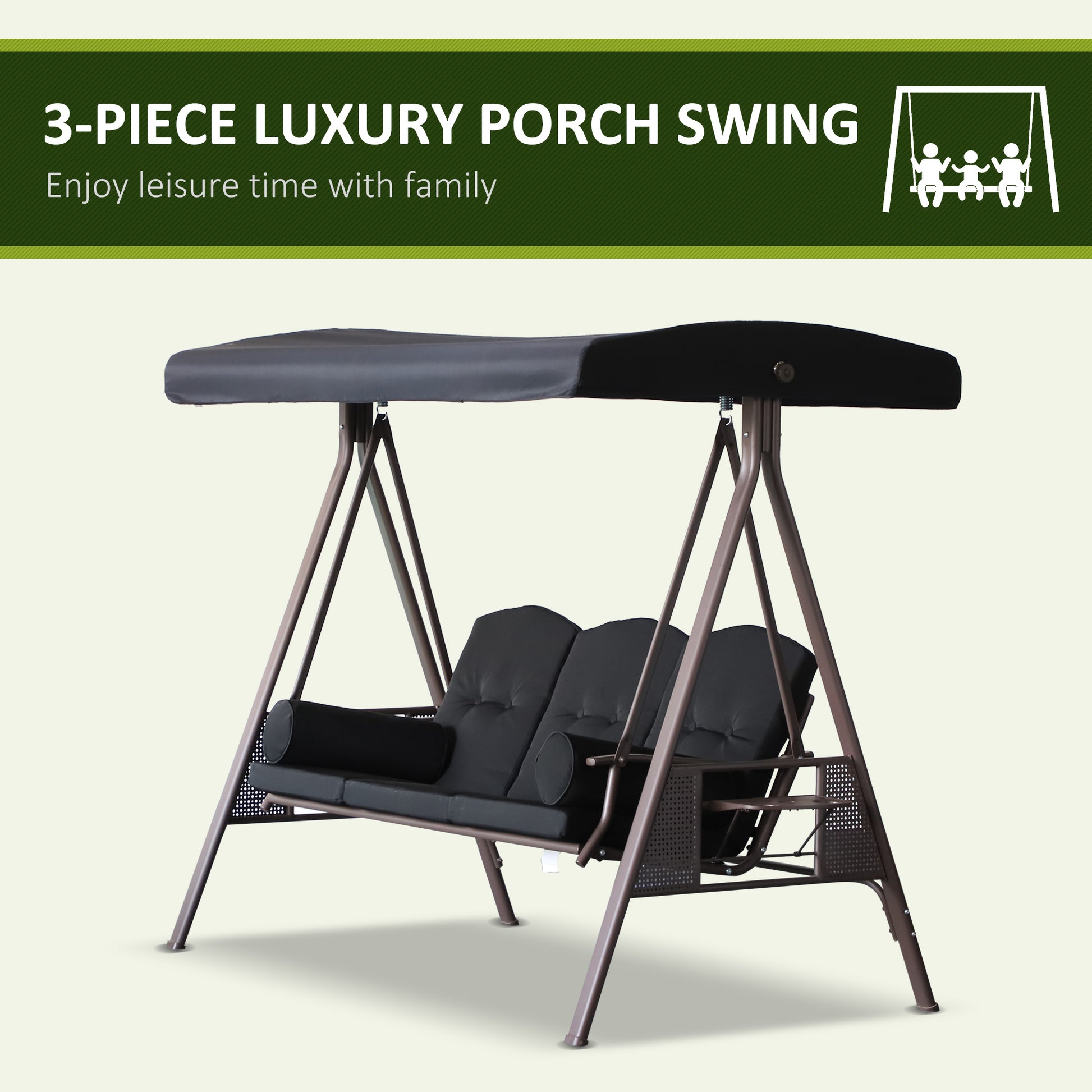 3-Person Patio Swing with Canopy - Black-DECOROLALA