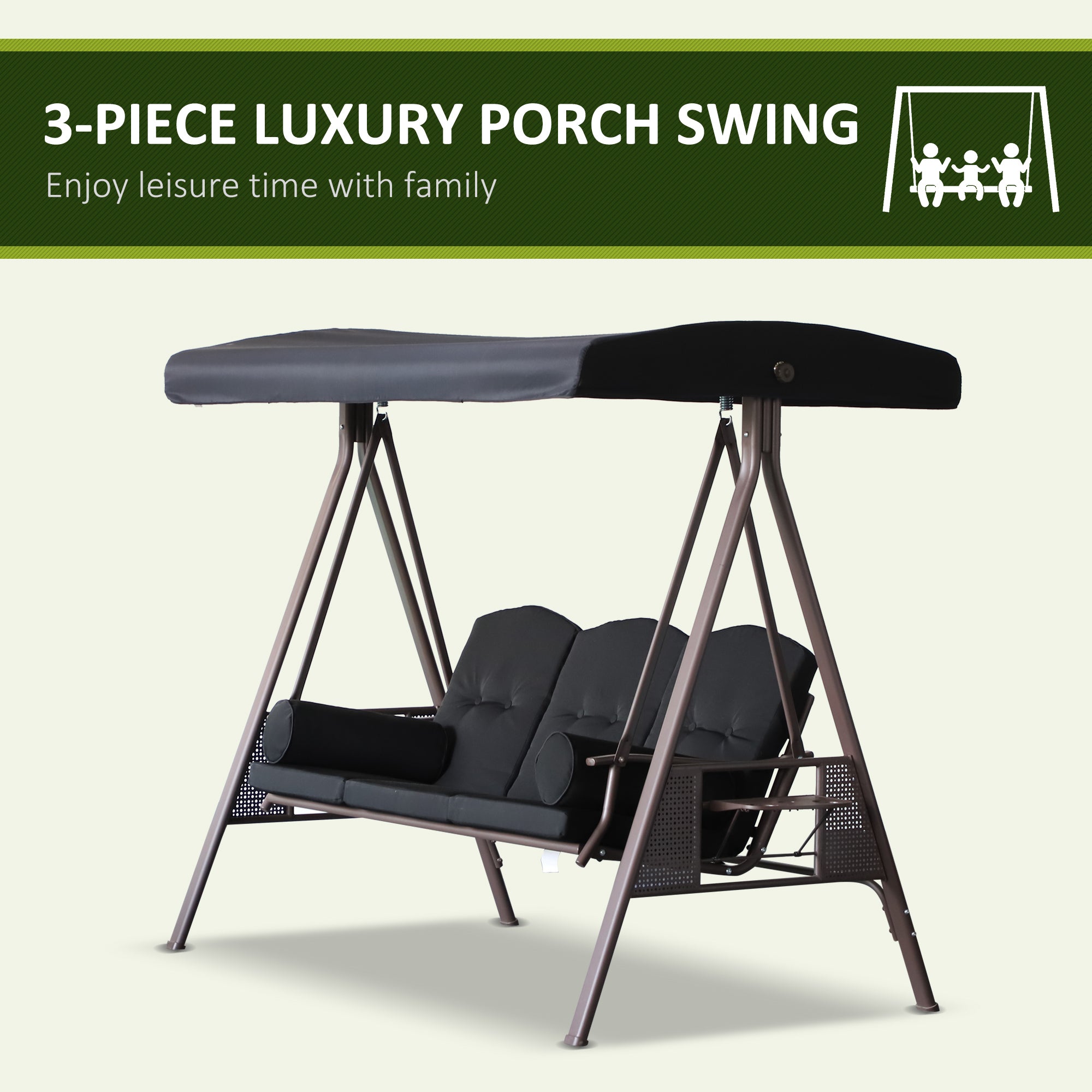 3-Person Patio Swing with Canopy - Black-DECOROLALA