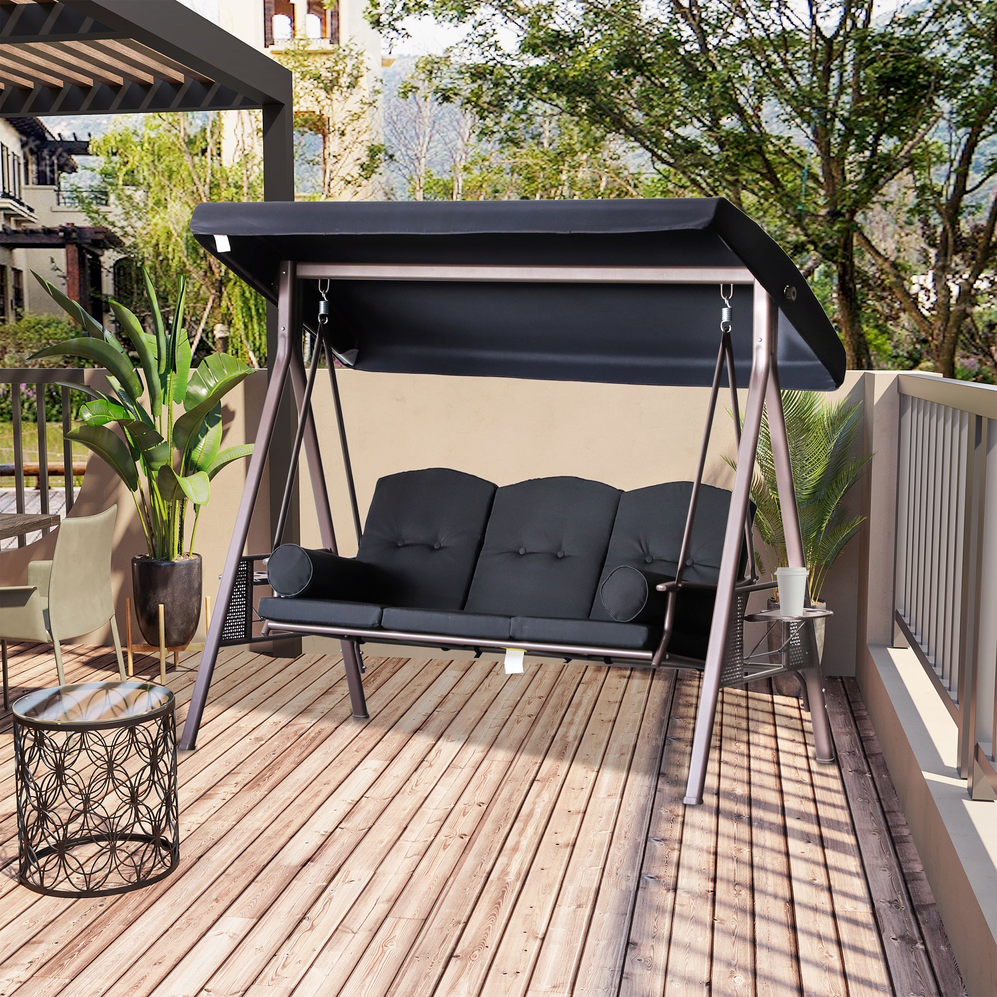 3-Person Patio Swing with Canopy - Black-DECOROLALA