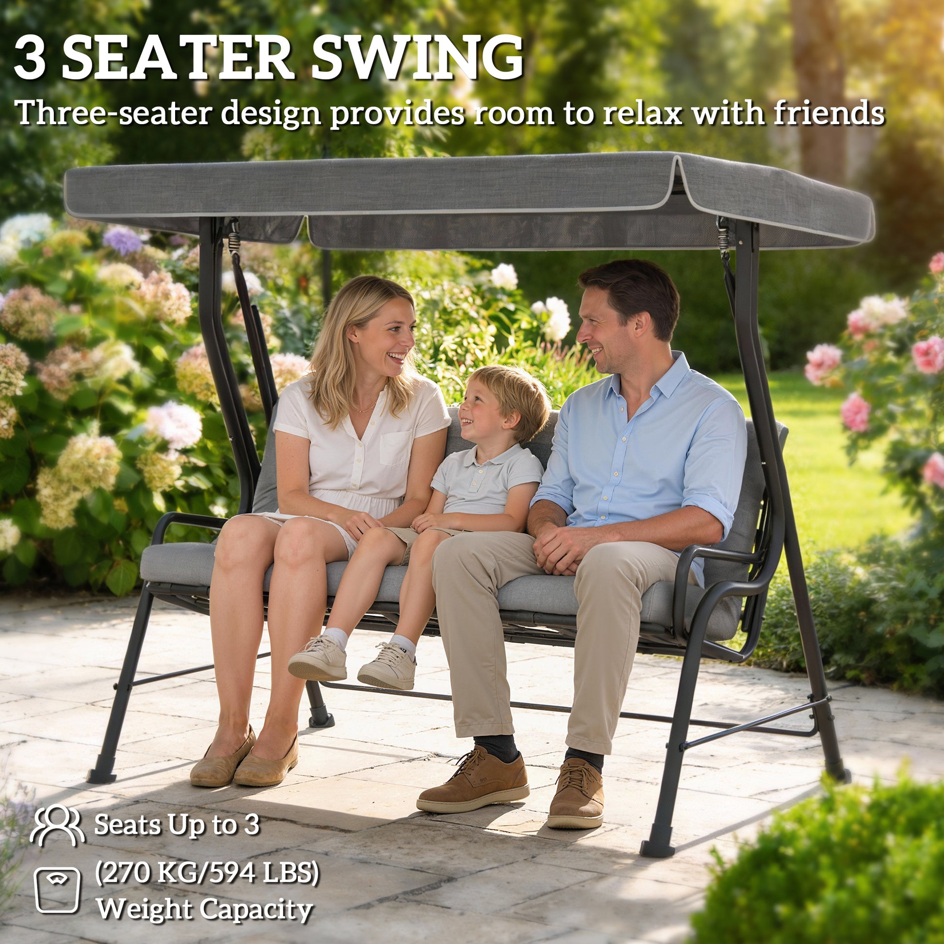 3-Person Patio Swing with Canopy - Light Grey-DECOROLALA