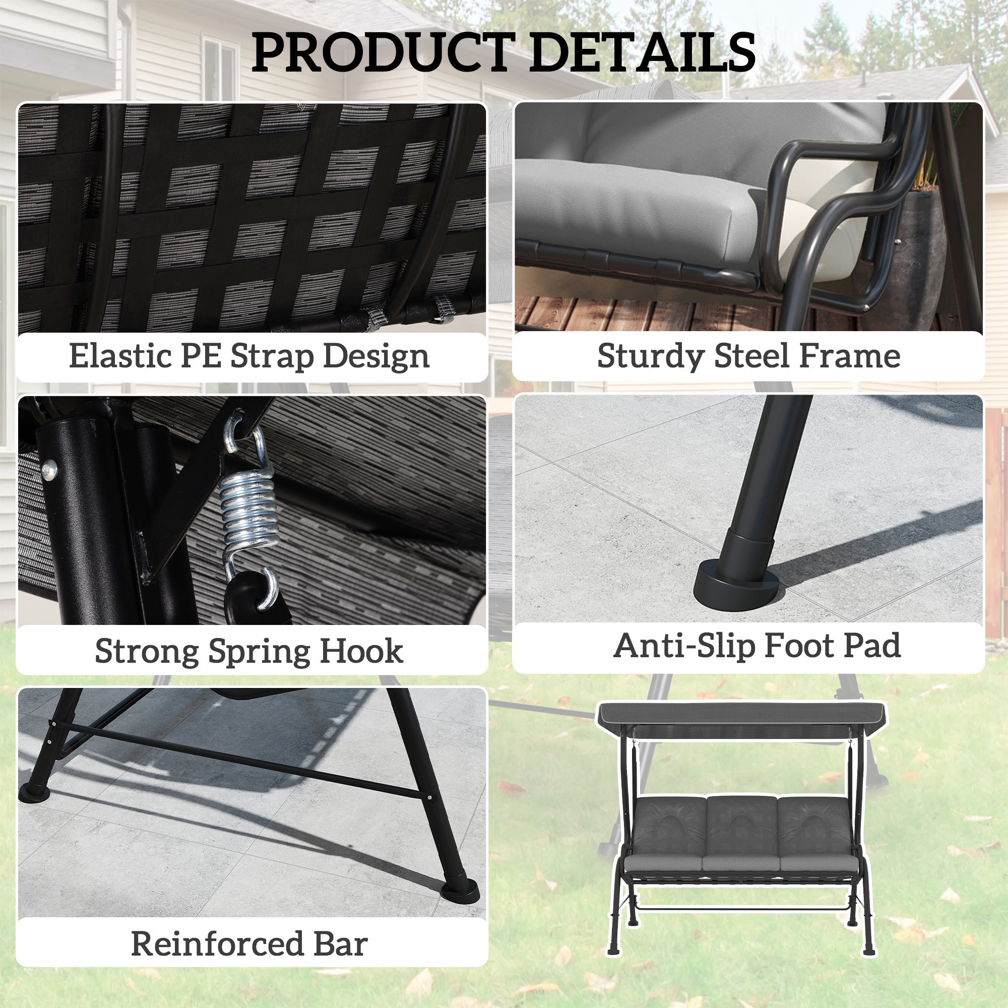 3-Person Patio Swing with Canopy - Light Grey-DECOROLALA