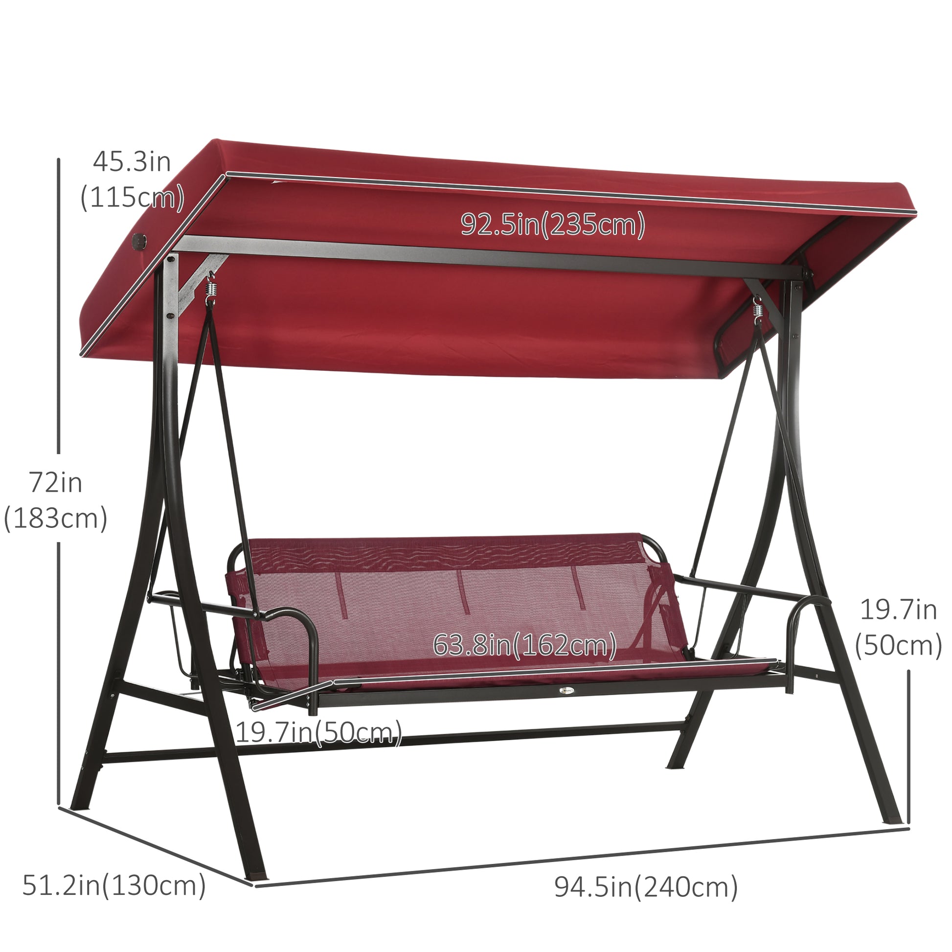 3-Person Porch Swing Bed 2-in-1 Convertible Red-DECOROLALA