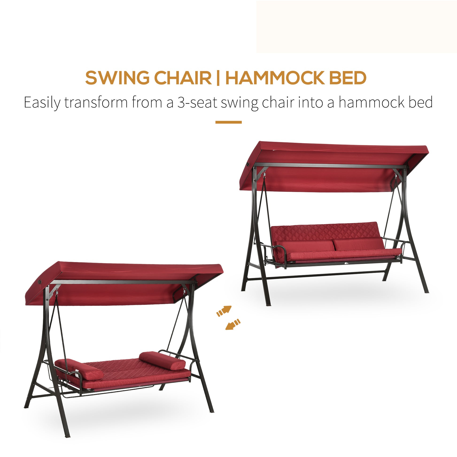 3-Person Porch Swing Bed 2-in-1 Convertible Red-DECOROLALA