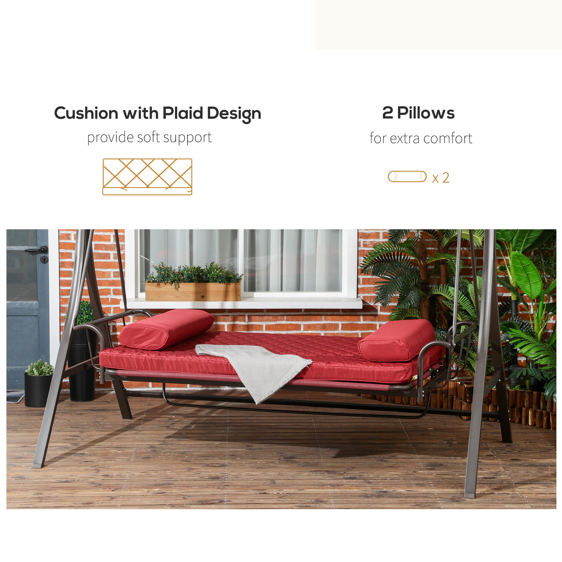 3-Person Porch Swing Bed 2-in-1 Convertible Red-DECOROLALA