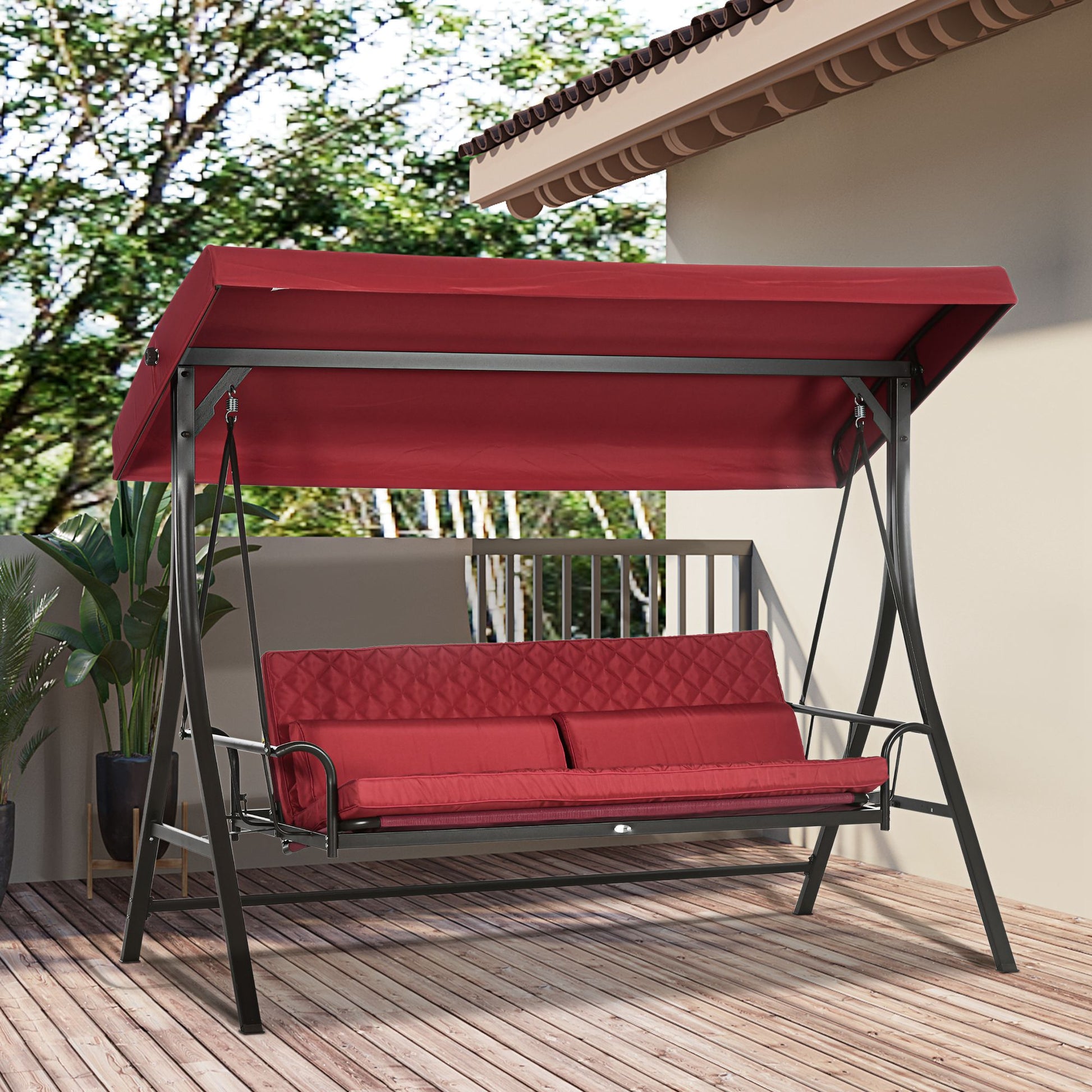 3-Person Porch Swing Bed 2-in-1 Convertible Red-DECOROLALA