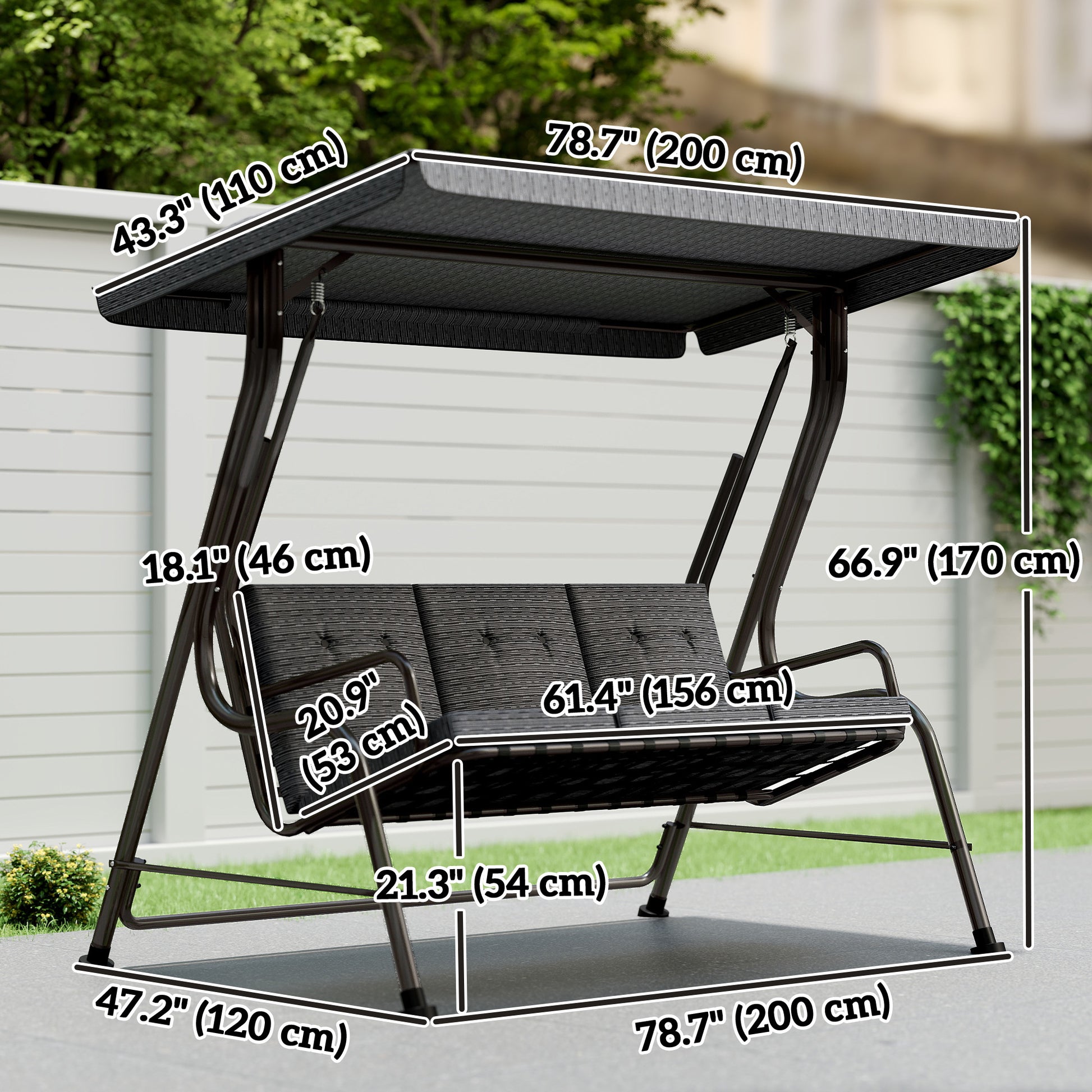 3-Person Porch Swing - Black Adjustable Canopy-DECOROLALA