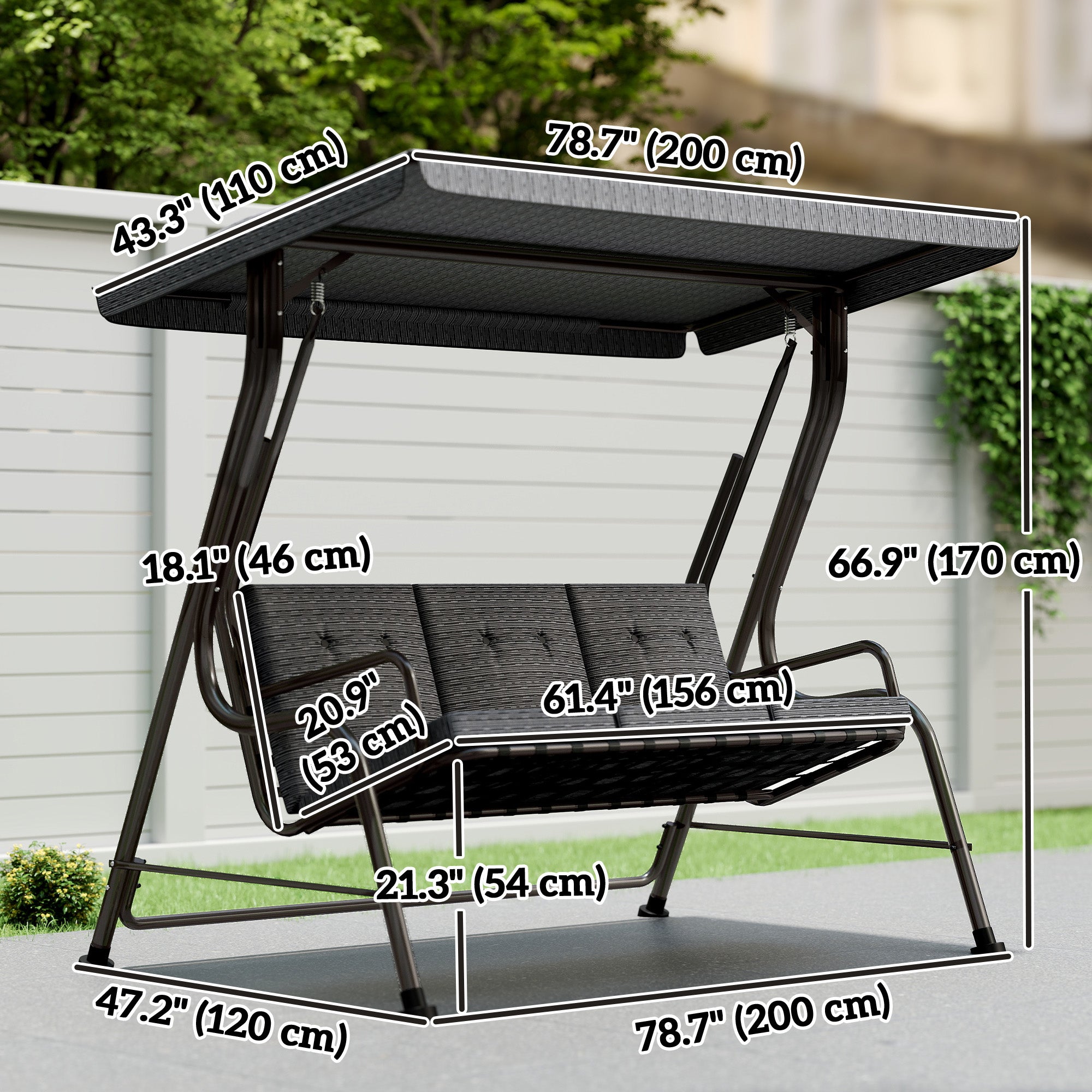 3-Person Porch Swing - Black Adjustable Canopy-DECOROLALA