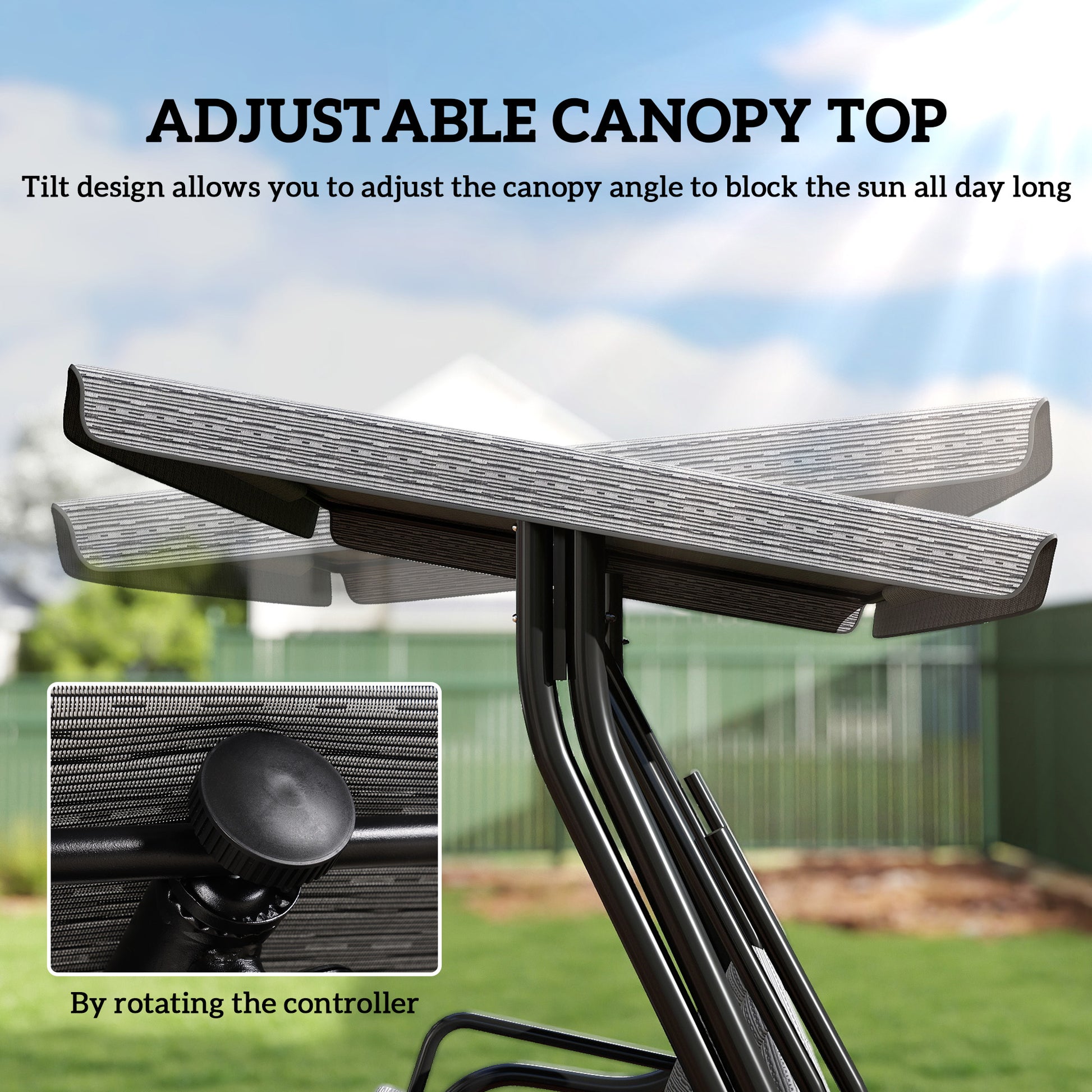 3-Person Porch Swing - Black Adjustable Canopy-DECOROLALA