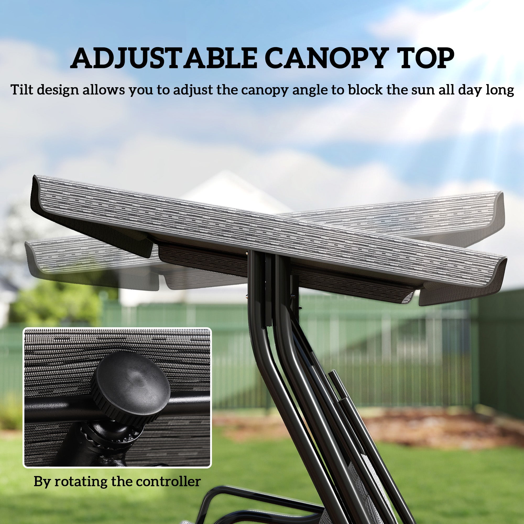 3-Person Porch Swing - Black Adjustable Canopy-DECOROLALA