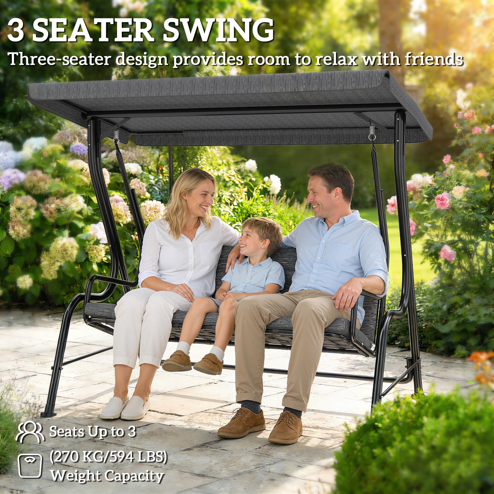 3-Person Porch Swing - Black Adjustable Canopy-DECOROLALA