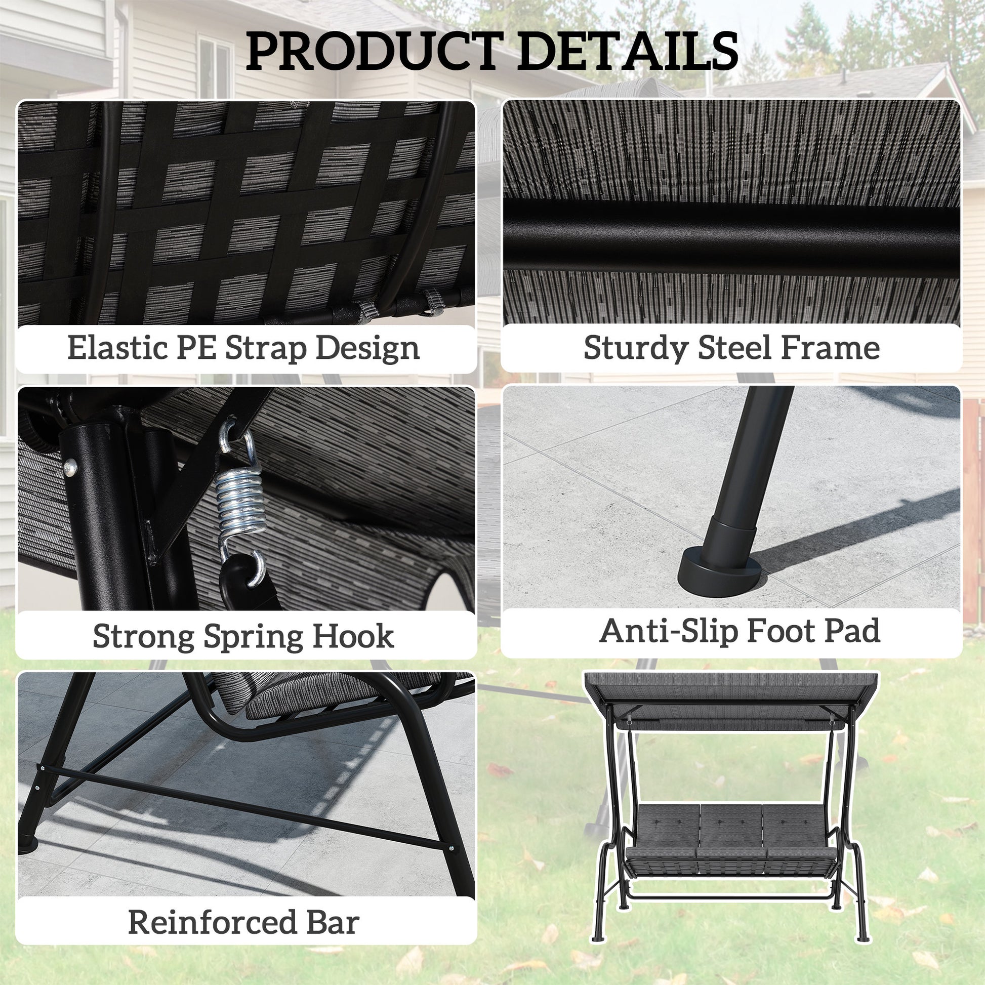 3-Person Porch Swing - Black Adjustable Canopy-DECOROLALA