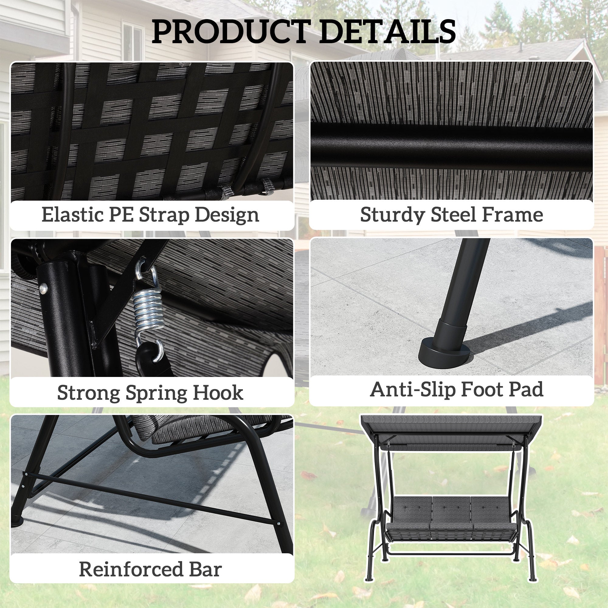 3-Person Porch Swing - Black Adjustable Canopy-DECOROLALA
