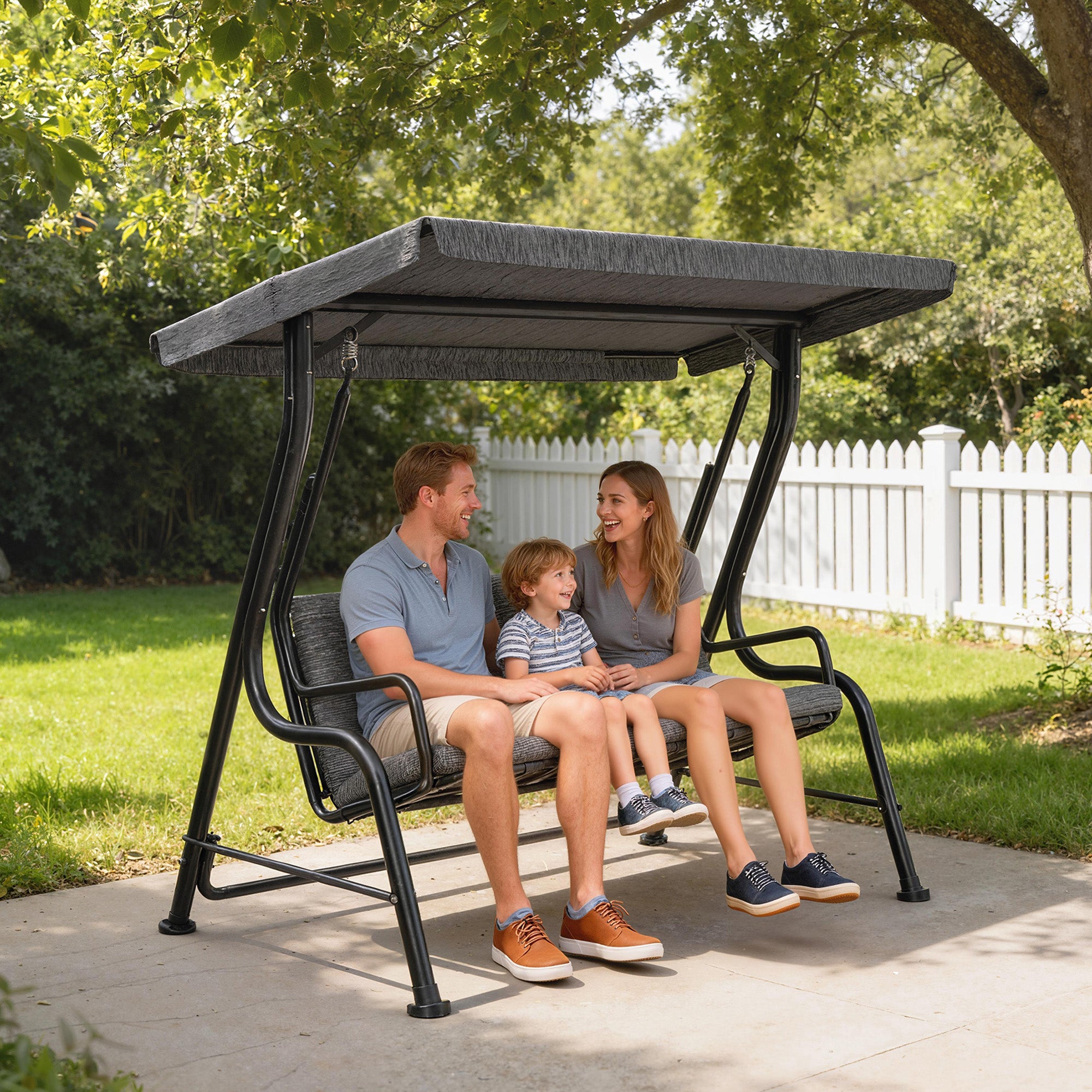 3-Person Porch Swing - Black Adjustable Canopy-DECOROLALA