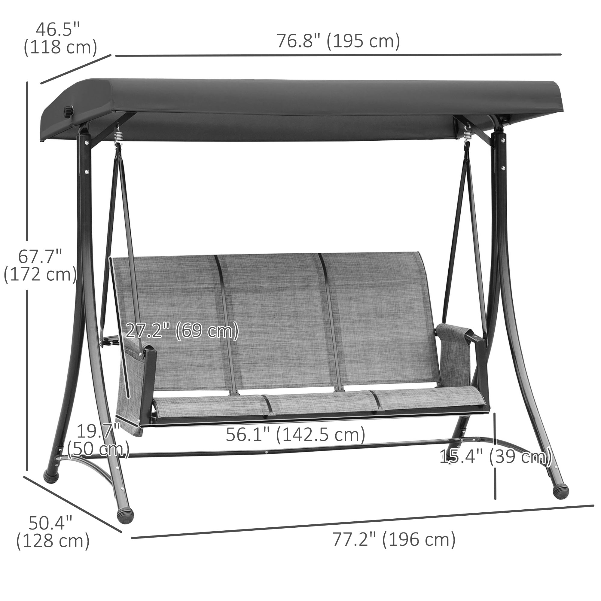 3 Person Porch Swing Chair Adjustable Canopy Mixed Grey-DECOROLALA