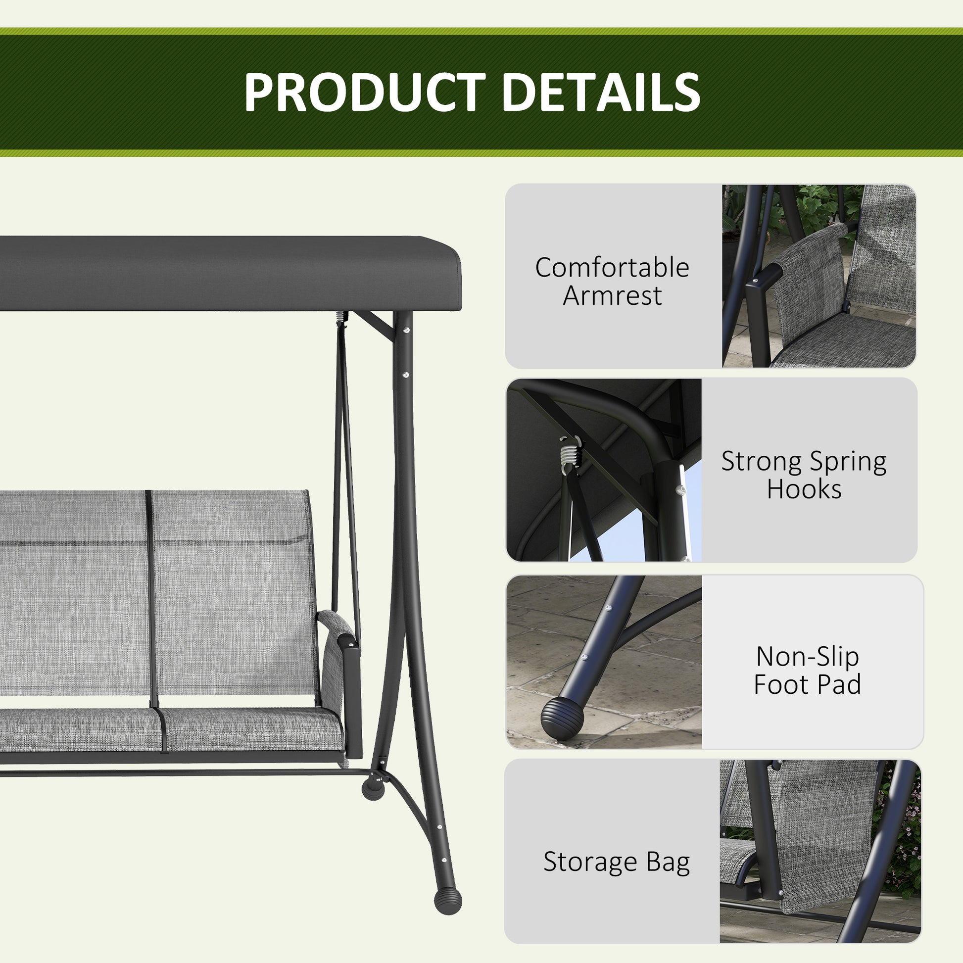 3 Person Porch Swing Chair Adjustable Canopy Mixed Grey-DECOROLALA