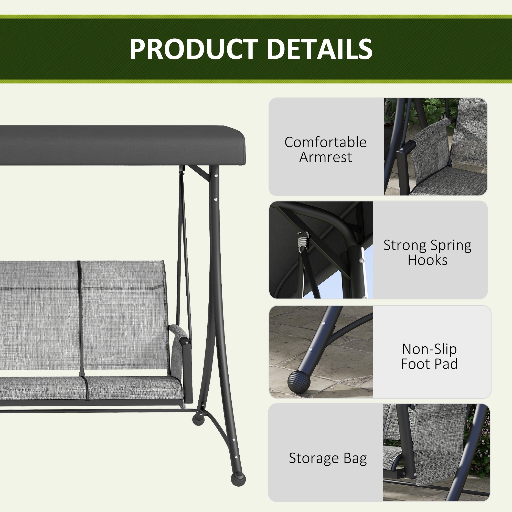 3 Person Porch Swing Chair Adjustable Canopy Mixed Grey-DECOROLALA