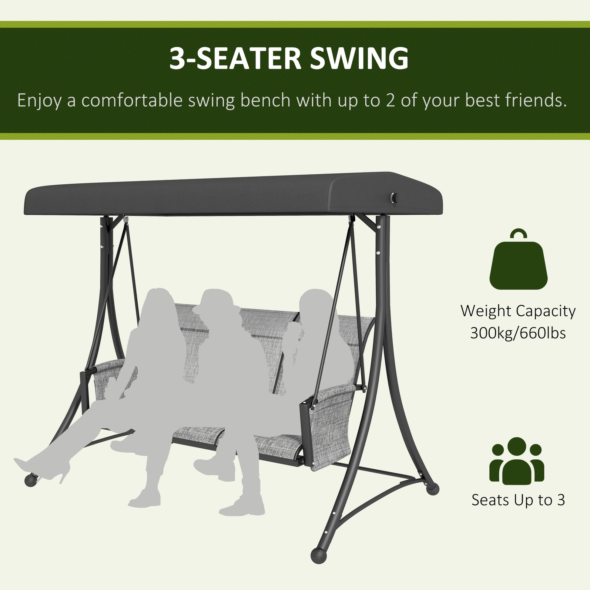 3 Person Porch Swing Chair Adjustable Canopy Mixed Grey-DECOROLALA