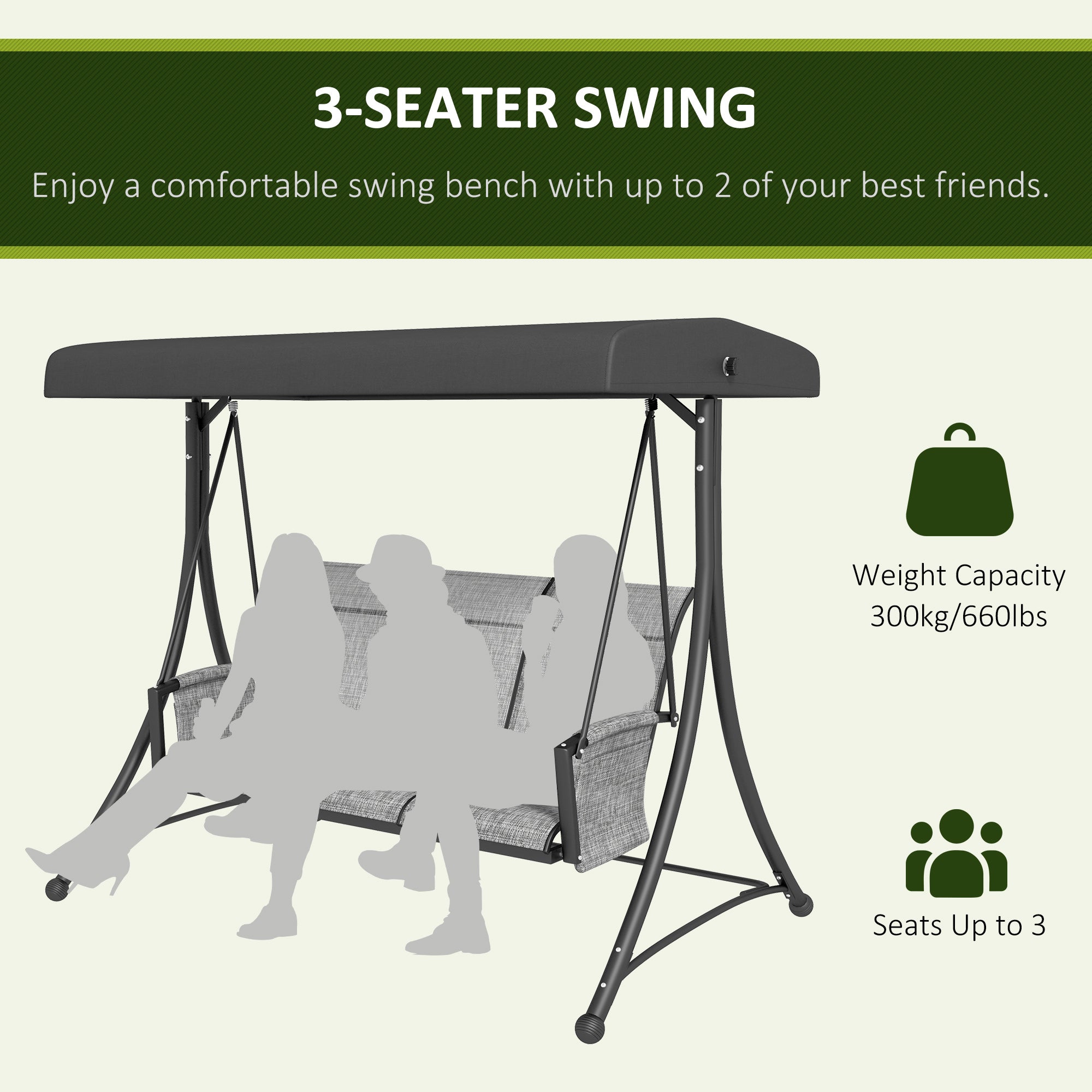 3 Person Porch Swing Chair Adjustable Canopy Mixed Grey-DECOROLALA