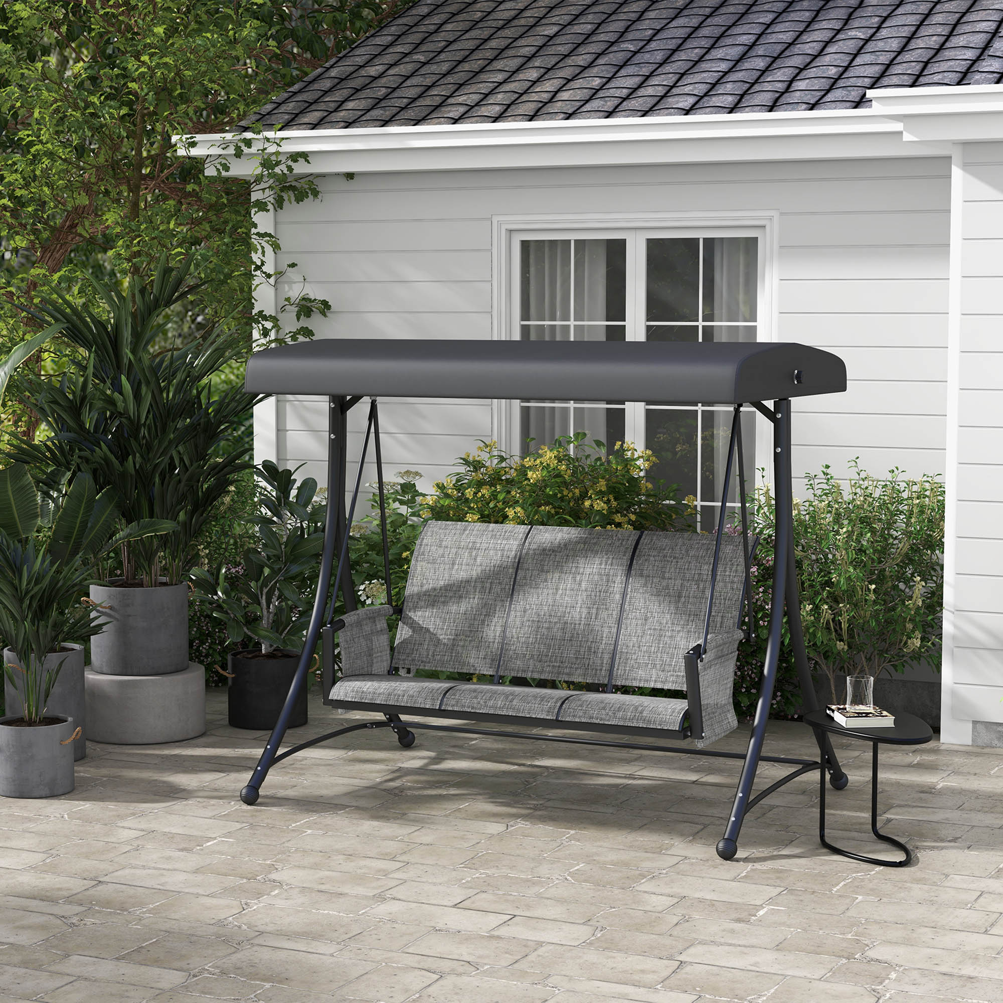 3 Person Porch Swing Chair Adjustable Canopy Mixed Grey-DECOROLALA