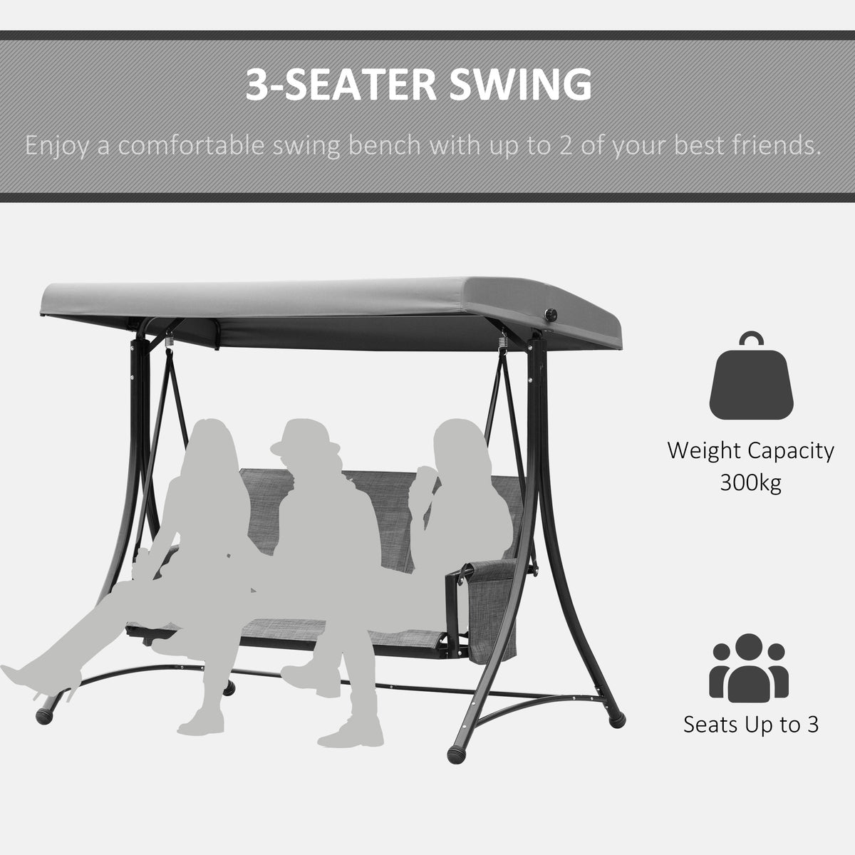 3 Person Porch Swing - Dark Grey Canopy-Porch Swings-DECOROLALA