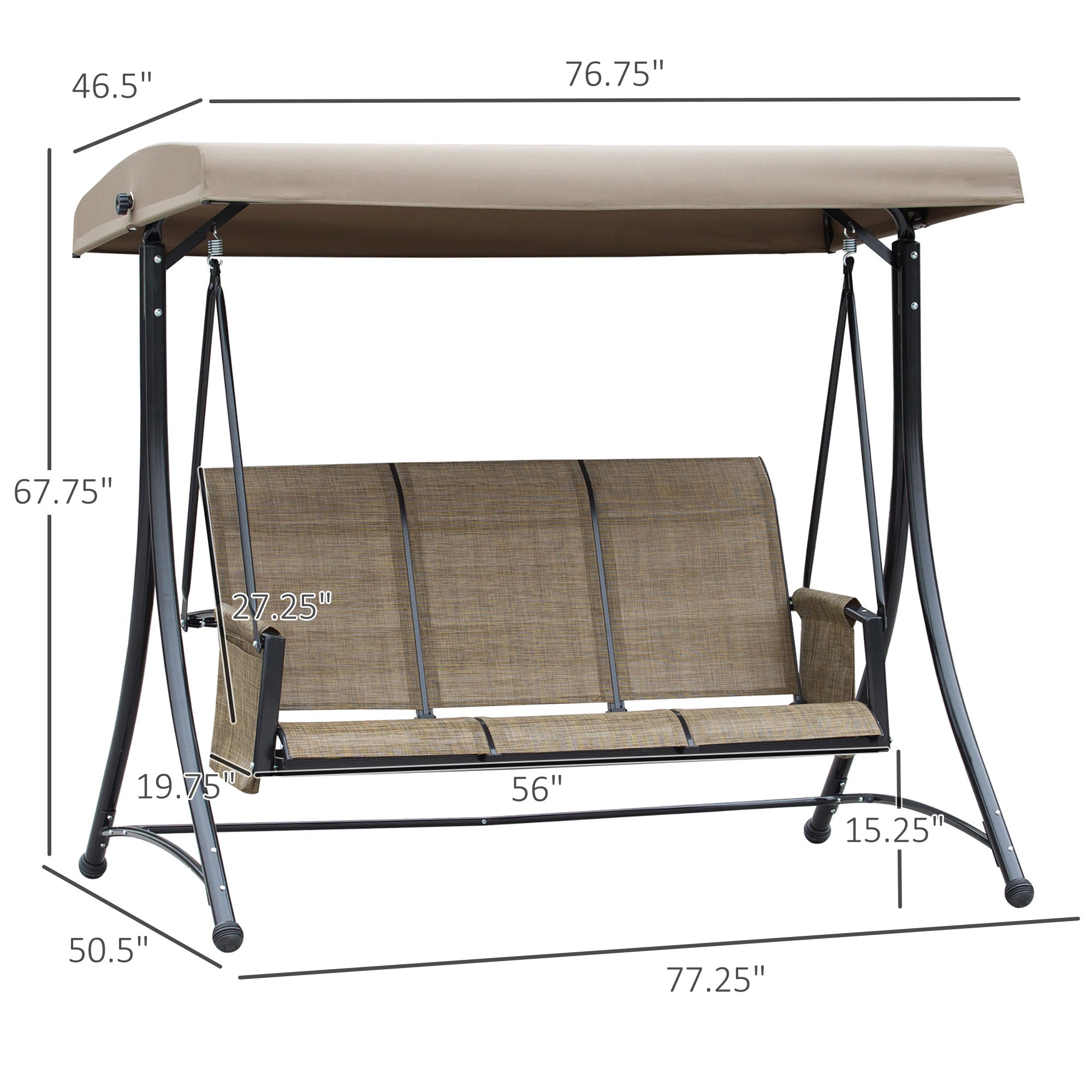 3 Person Porch Swing Outdoor Chair Canopy Brown-DECOROLALA