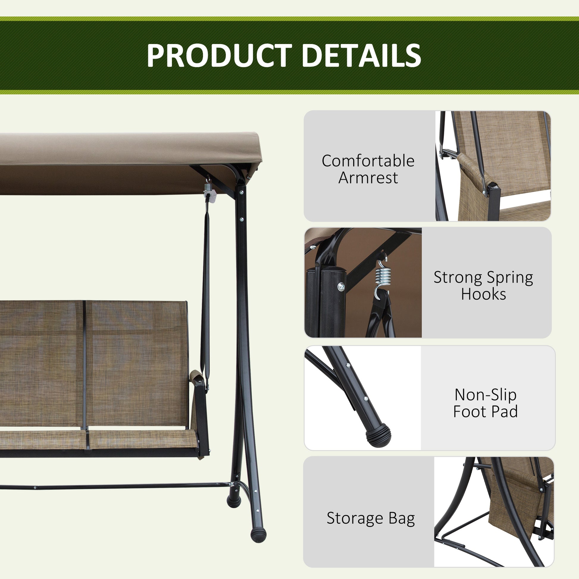 3 Person Porch Swing Outdoor Chair Canopy Brown-DECOROLALA