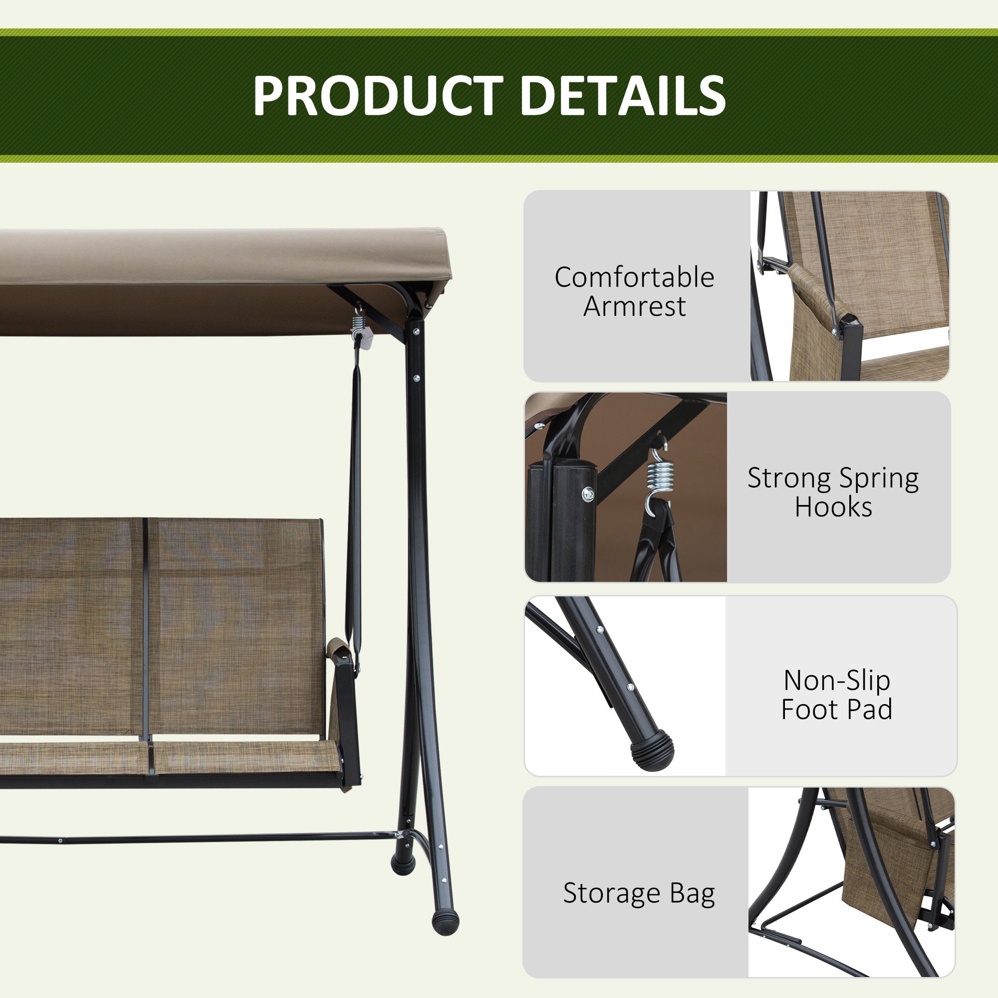 3 Person Porch Swing Outdoor Chair Canopy Brown-DECOROLALA