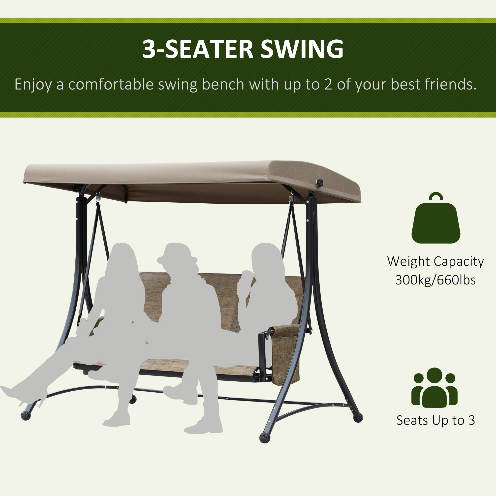 3 Person Porch Swing Outdoor Chair Canopy Brown-DECOROLALA