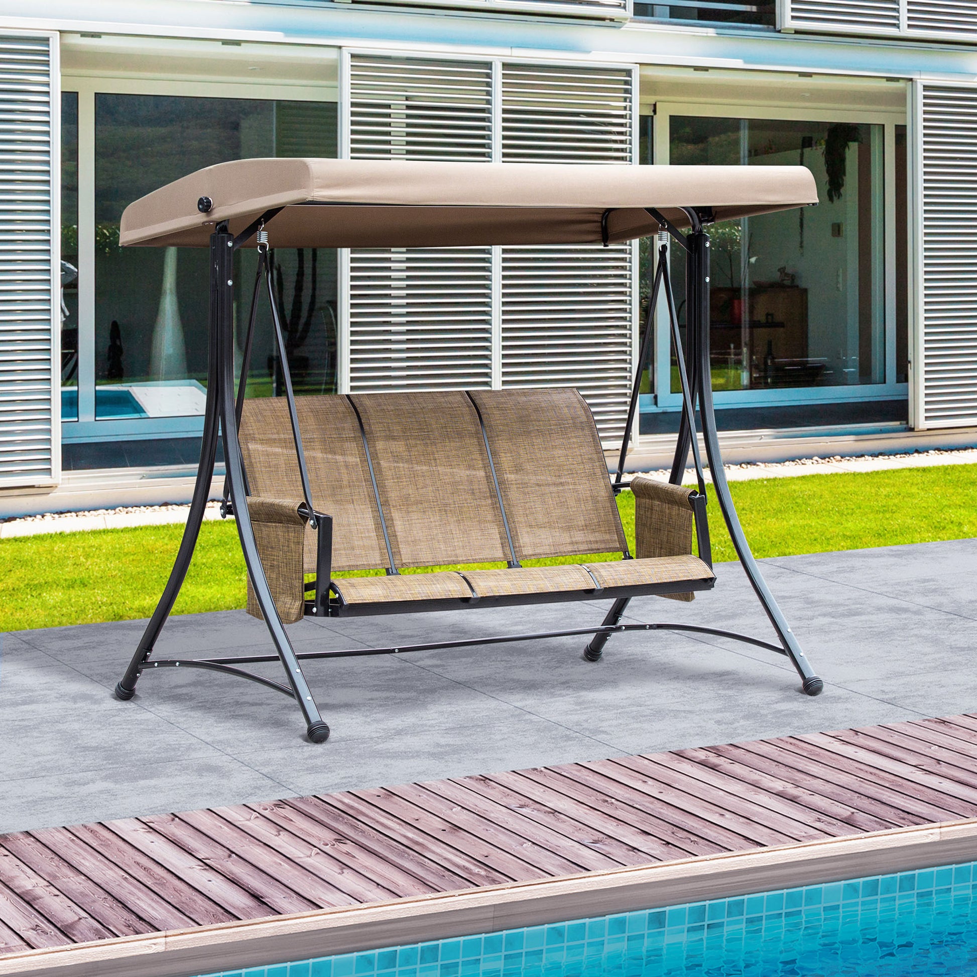 3 Person Porch Swing Outdoor Chair Canopy Brown-DECOROLALA