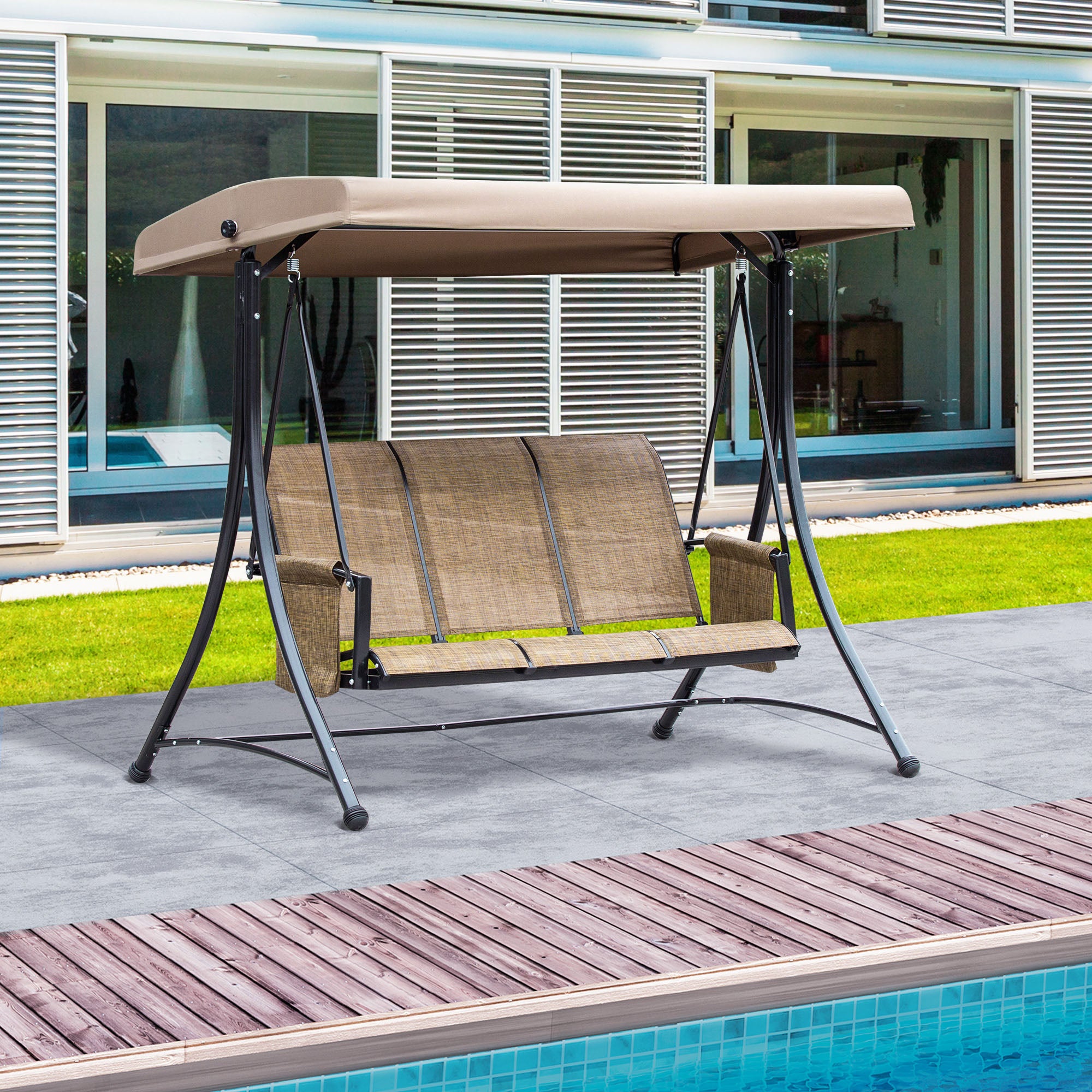 3 Person Porch Swing Outdoor Chair Canopy Brown-DECOROLALA
