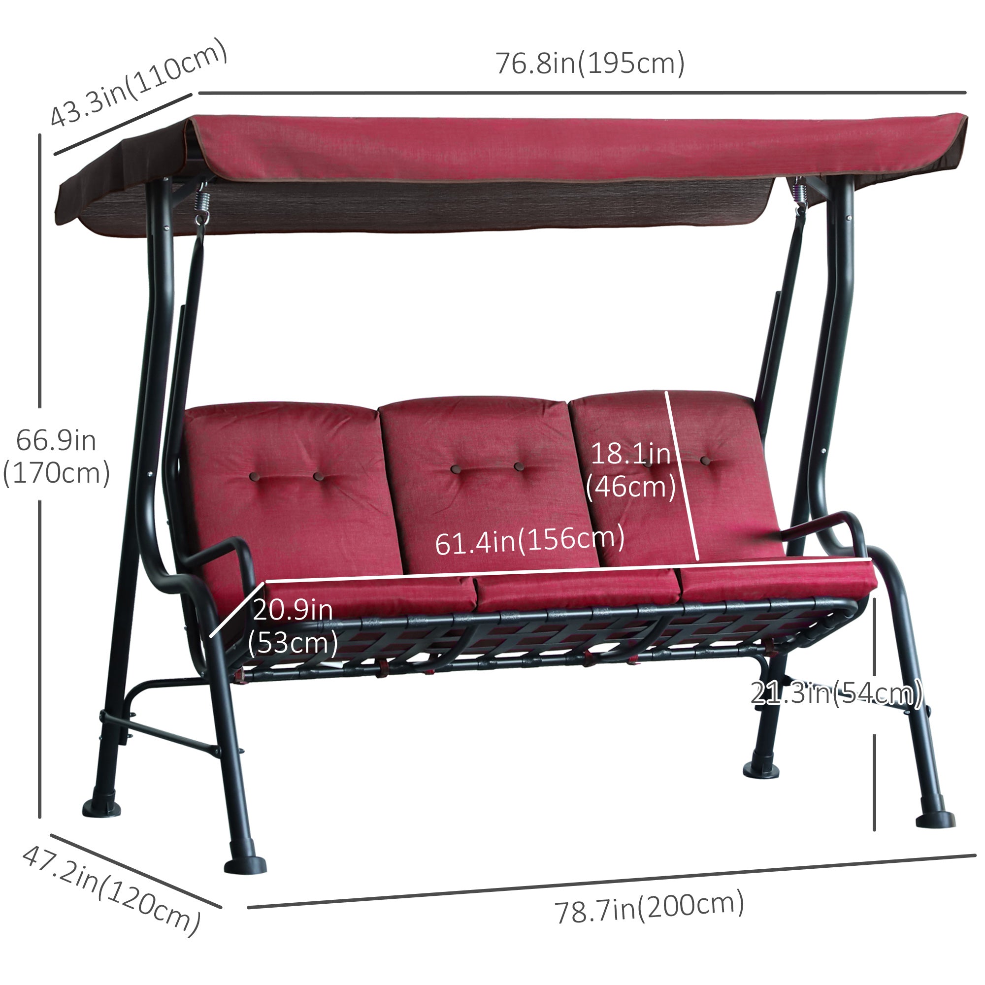 3-Person Porch Swing - Wine Red Canopy-DECOROLALA